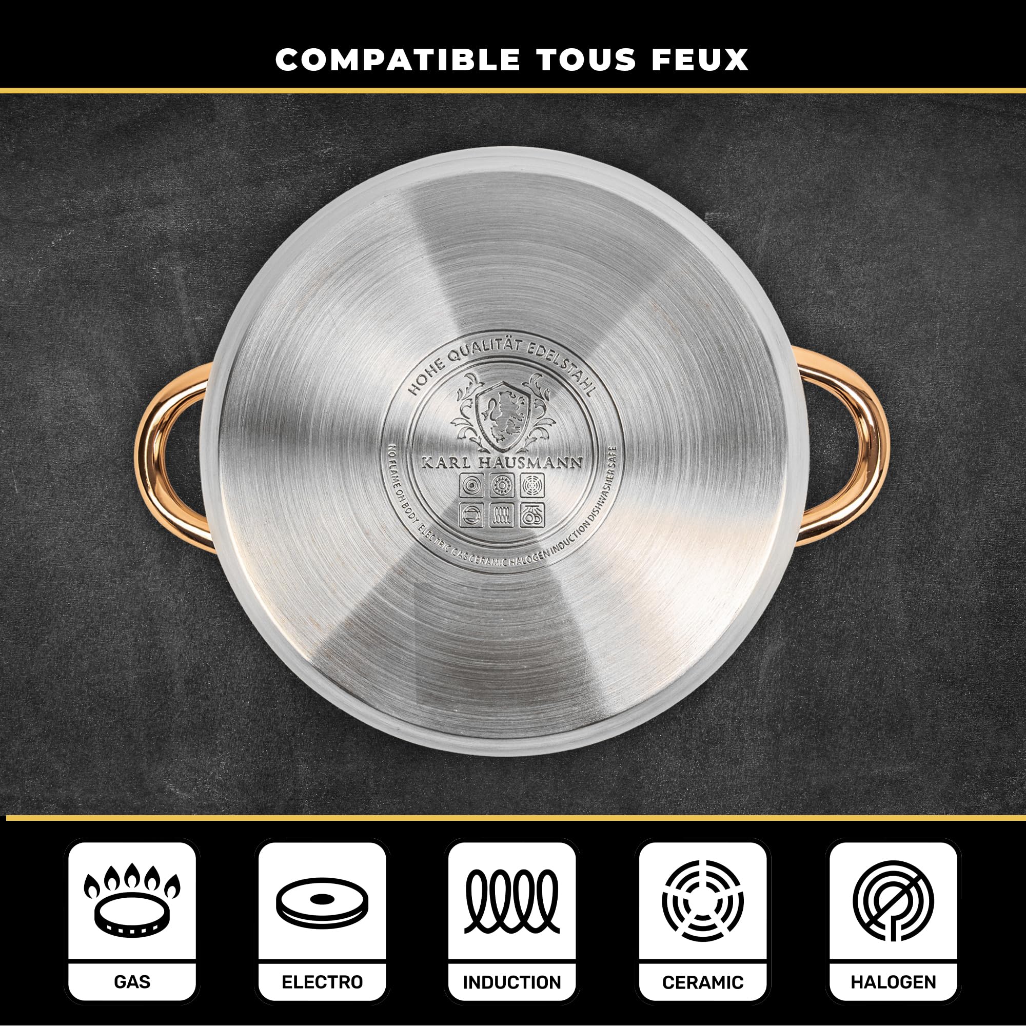 KARL HAUSMANN Lot de 3 Casseroles Induction Inox - Avec Couvercle Verre - Sans Revêtement - Compatibles Cuisinière, Gaz, Électrique - Graduation Intégrée - Set Casserole Tout Feux Cuisine