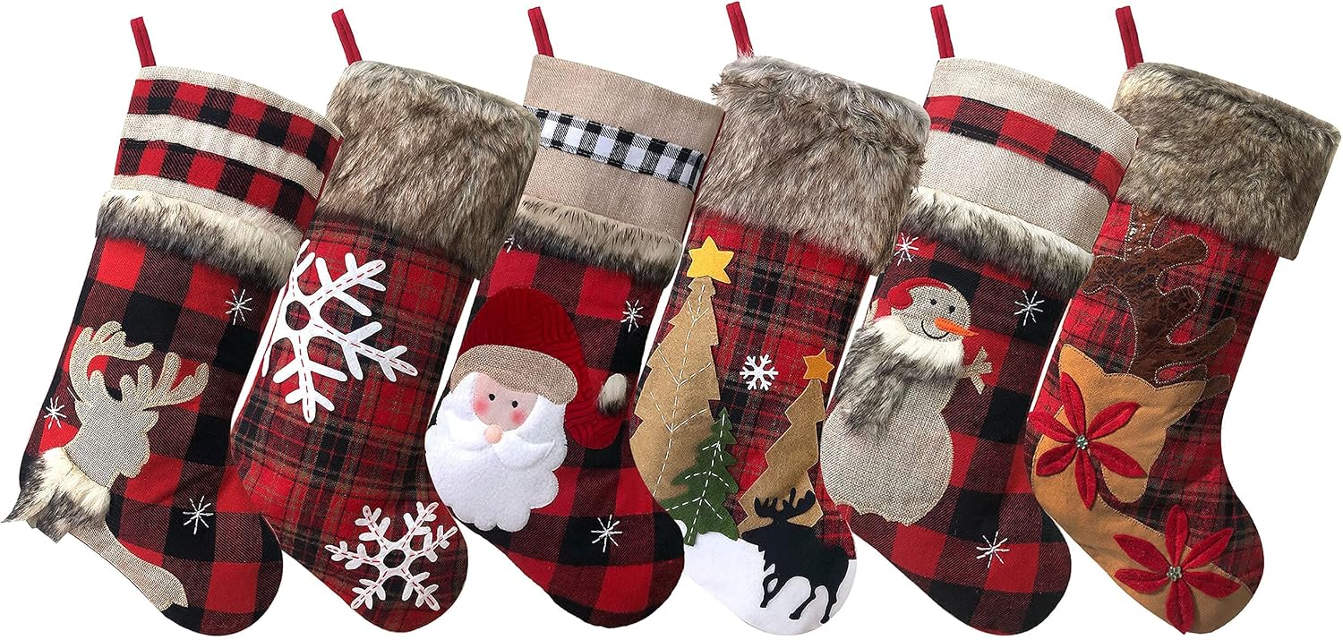 BRvieluck Christmas Stockings Set of 6 Buffalo Red Plaid with Soft Faux Fur for Family Fireplace Hanging Large 20 Inches Xmas Stockings Decorations Holiday Season Decor 6 Pack