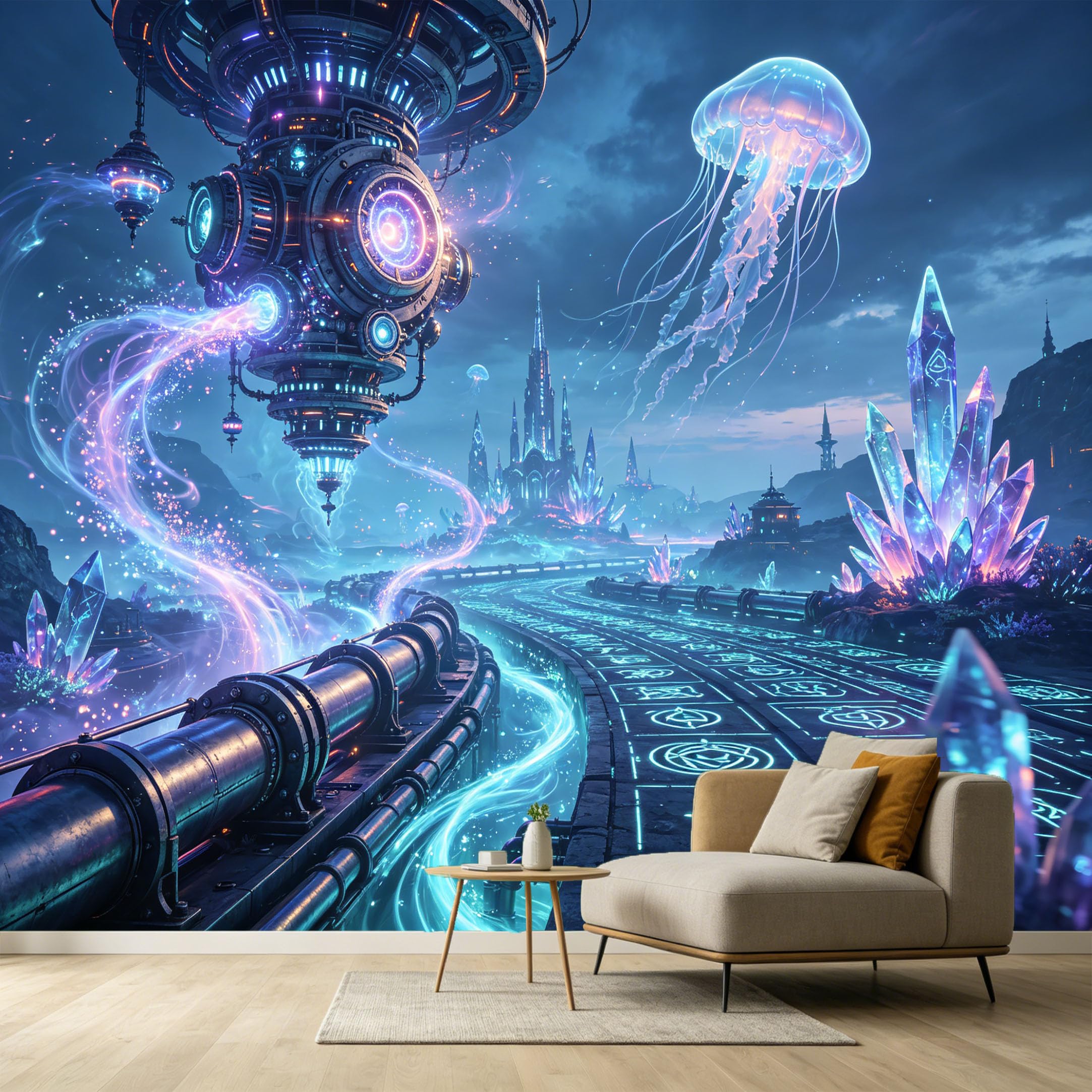Custom Size Wall Murals Futuristic SciFi Fantasy 3D Cityscape Crystal Jellyfish SelfAdhesive Wall Fabric Removable Large Wallpaper for Photo Living Room