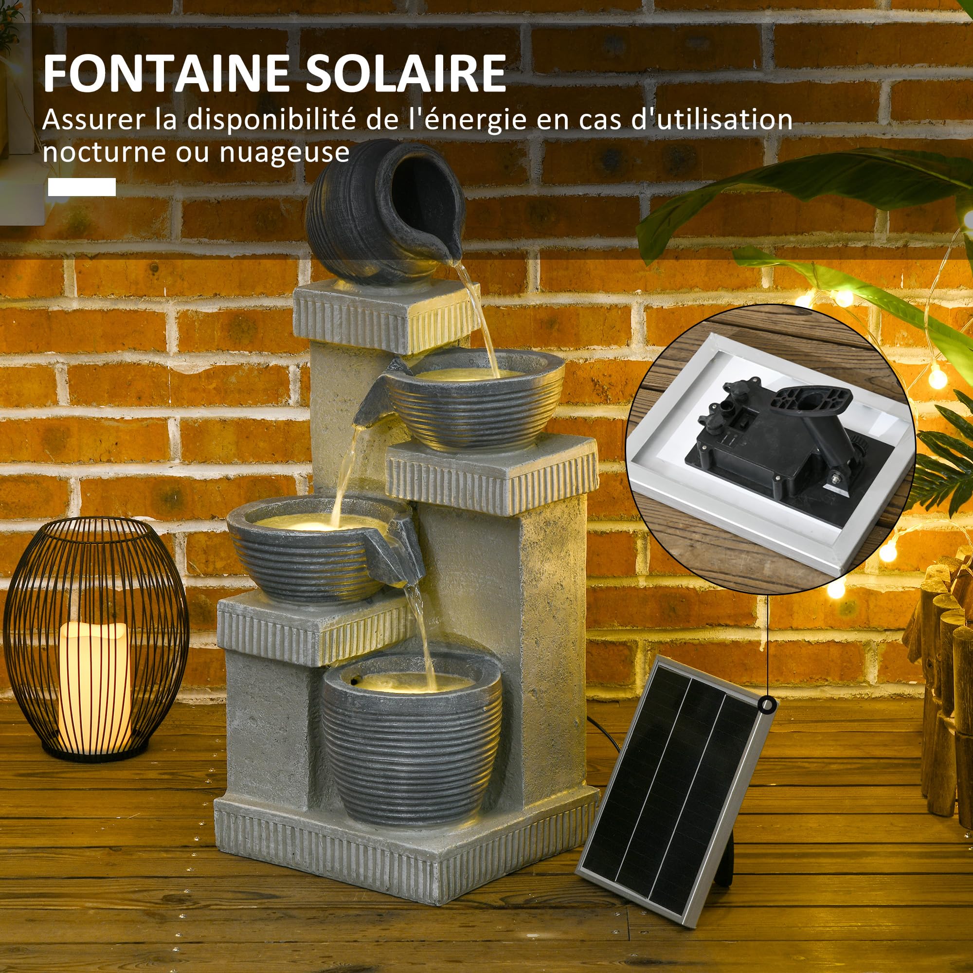 Outsunny - Fuente de jardín con energía solar para cascada de resina de 4 niveles con luces LED y bomba dim. 30 x 26 x 67 cm, color gris
