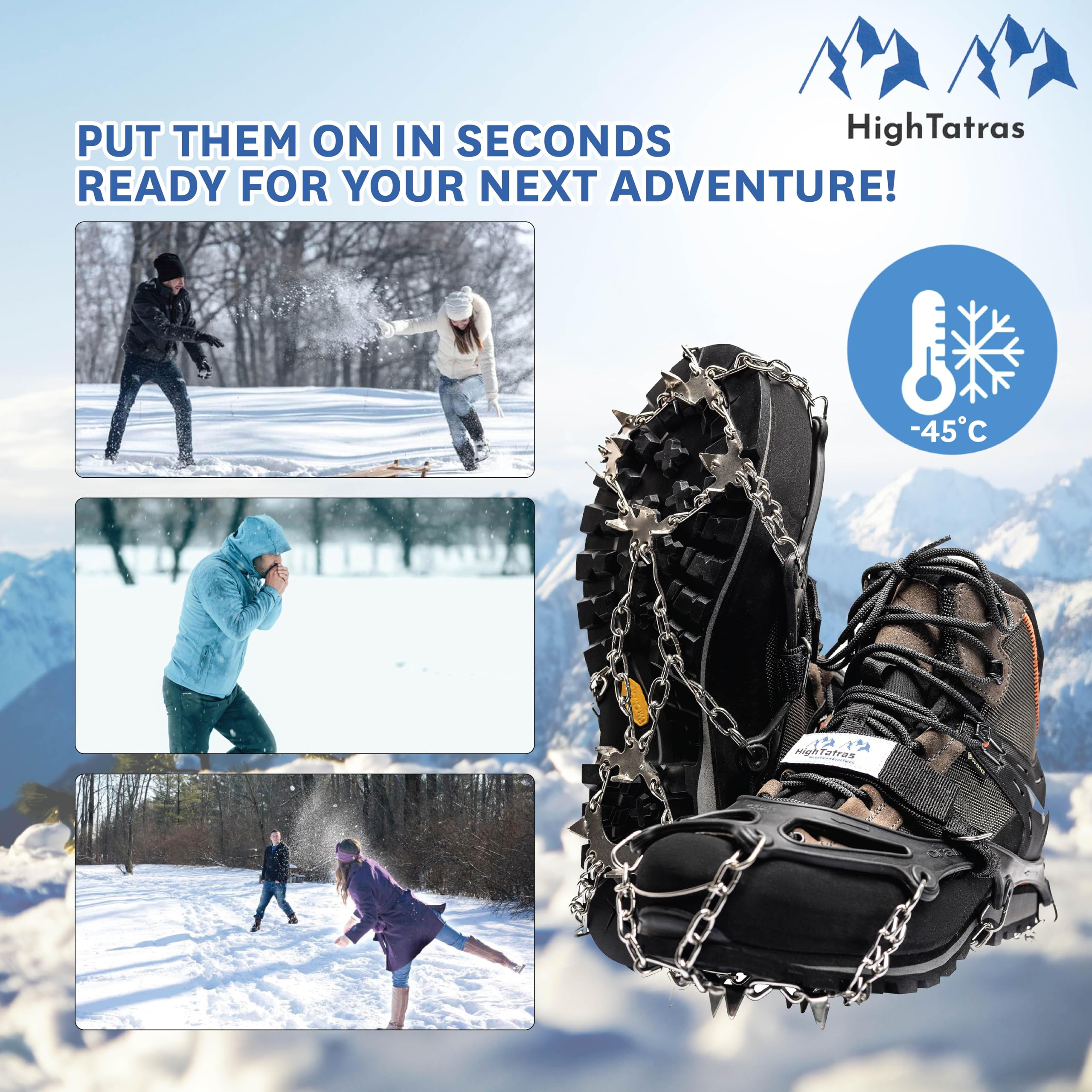 High Tatras Ramponi per scarponi taglie M, L, XL, punte antiscivolo, ramponi da montagna per neve e ghiaccio, per trekking invernale, 8 o 18 punte in acciaio
