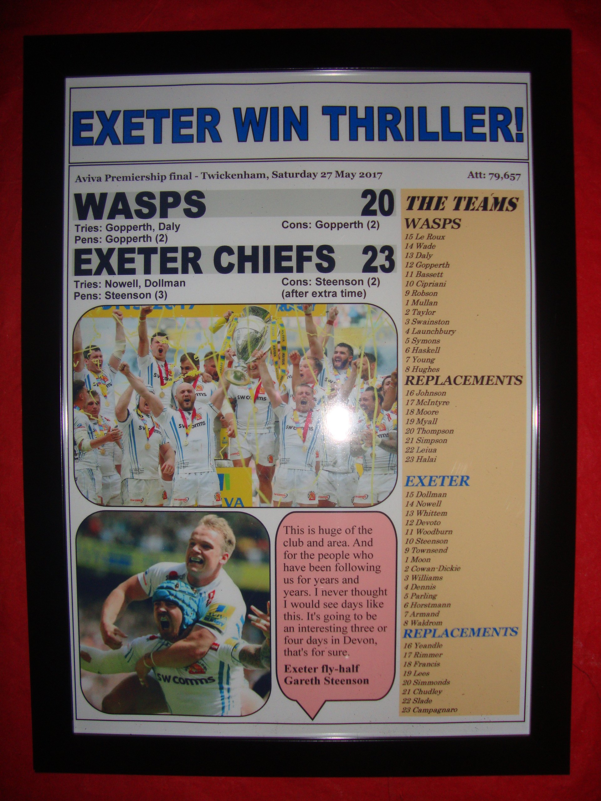 Lilywhite Multimedia Black Wasps 20 Exeter Chiefs 23-2017 Aviva Premiership Final - Framed Print