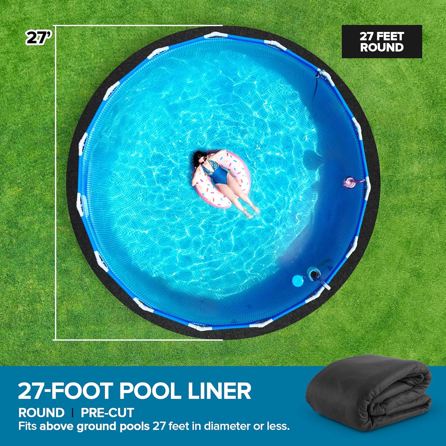 Above Ground Pool Liner Pad, 27' Foot Round, Pre-Cut Heavy Duty Outdoor Pool Pads for Above Ground Pools, Black Swimming Pool Liners for Padding and Protection, Thick Pool Mats to Prevent Punctures