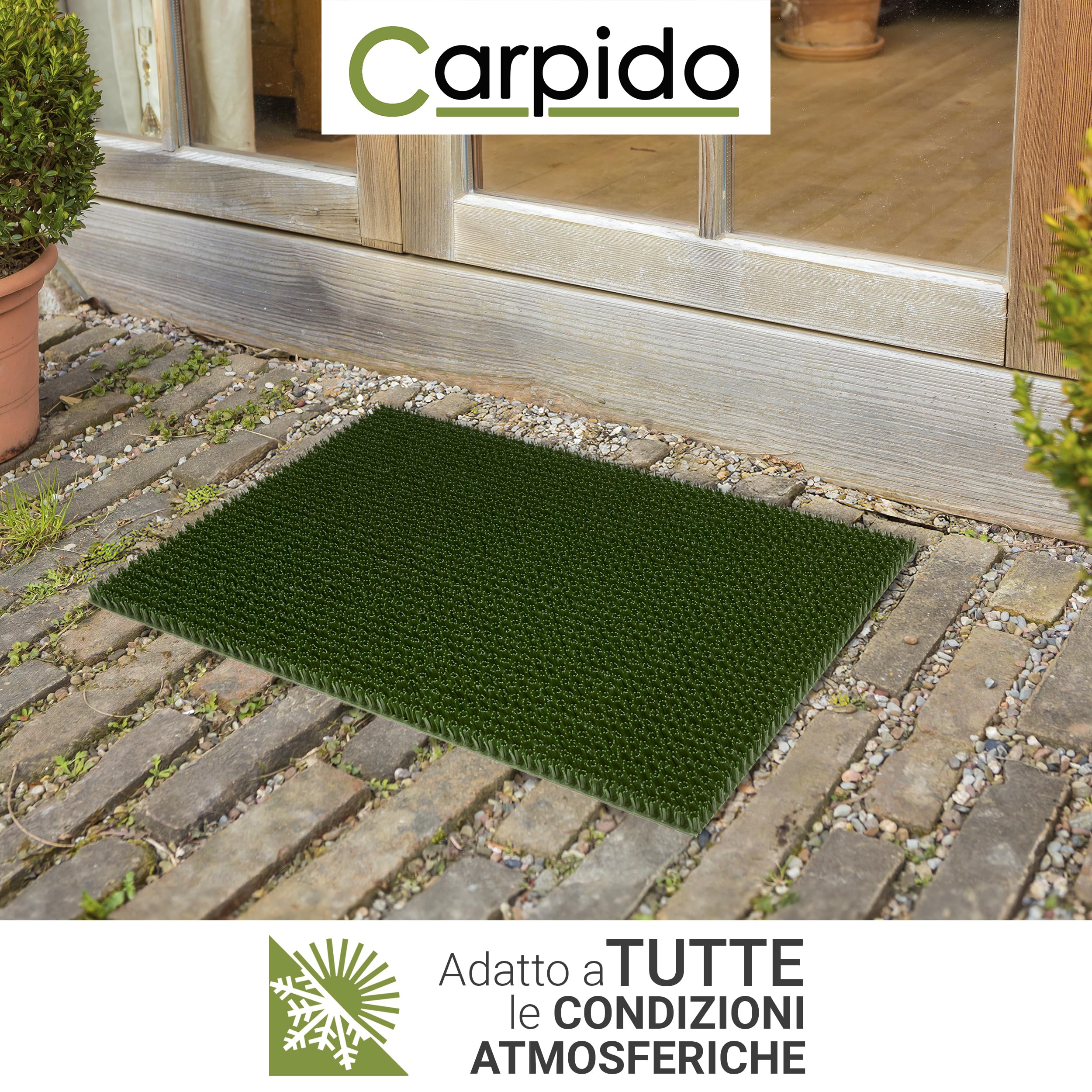 Carpido Zerbino da Esterno Resistente alle Intemperie in Gomma Antiscivolo - Verde Set di 3 40x60 cm - Tappeto Ingresso per Esterni Trattiene Sporco e Umidità