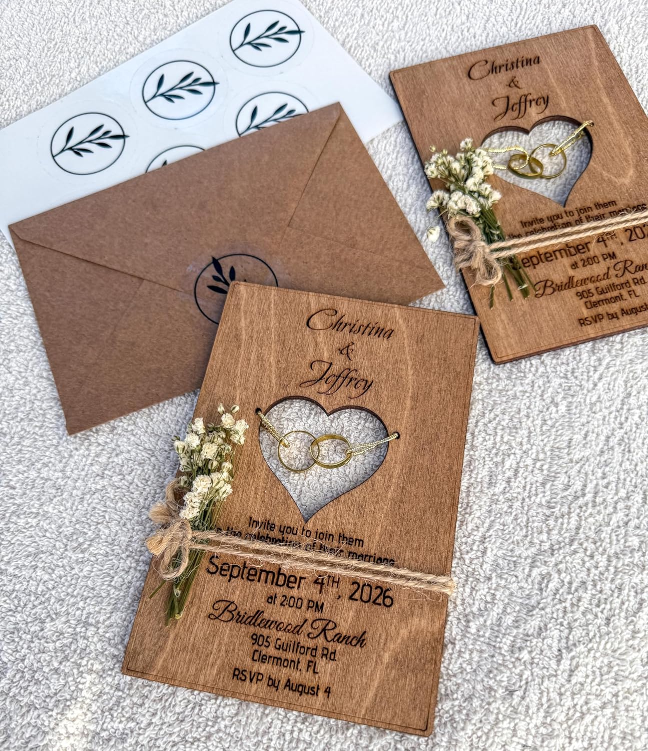 Wood Wedding Invitations with Envelopes, Engraved Heart Cutout with Gold Brass Rings, Dried Flowers & Stickers – Personalized Wedding Invitations