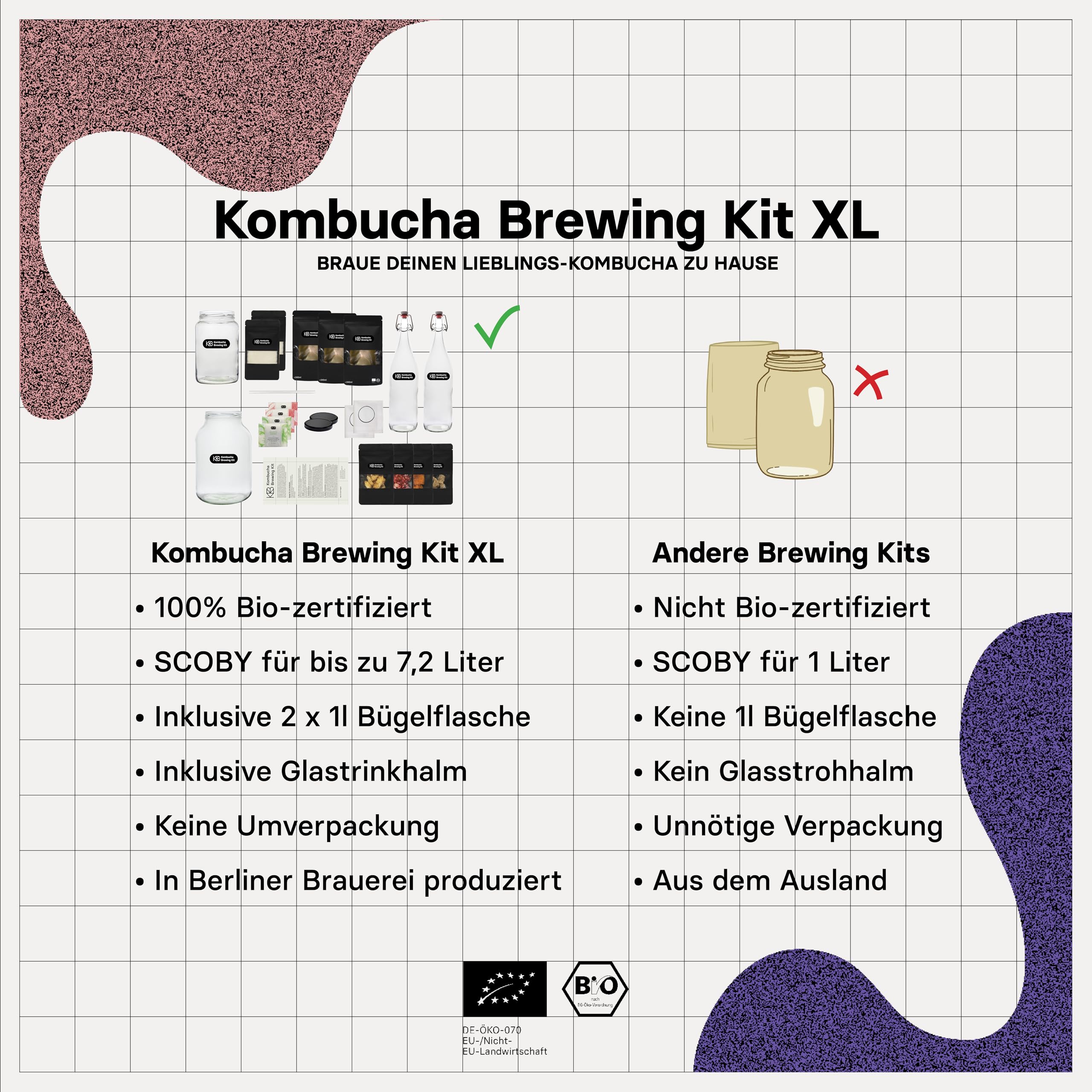 Kombucha Brewing Kit XL Bundlecon 2x coltura starter SCOBY biologica, 4 gusti di infusione, con 2x vaso di fermentazione, 2 bottiglia swing-top, zucchero di canna grezzo biologico, cannuccia di vetro