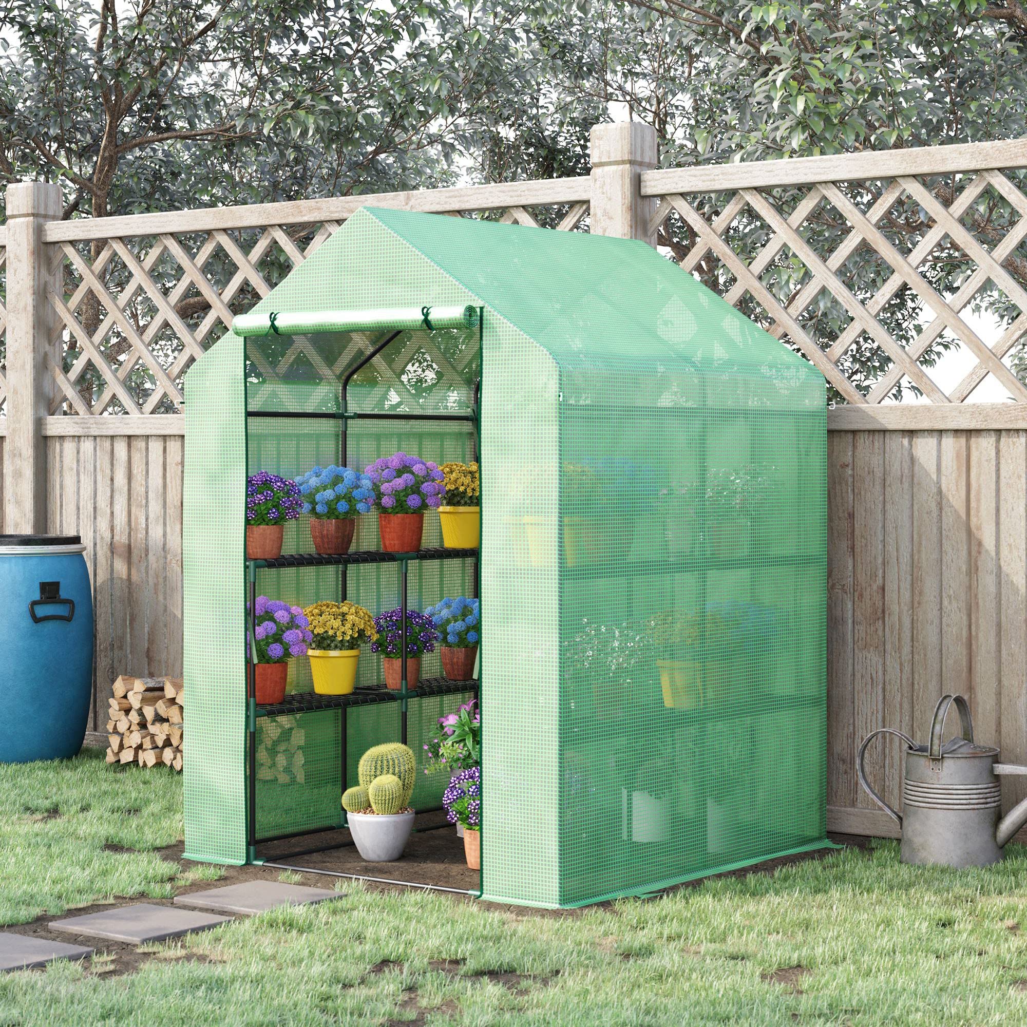 Outsunny Szklarnia foliowa 8 półek z drzwiami 143x138x190cm Zielony | Szklarnia wejściowa, Szklarnia pomidorowa, Szklarnia, Inspekt, Stal, PE-plastik