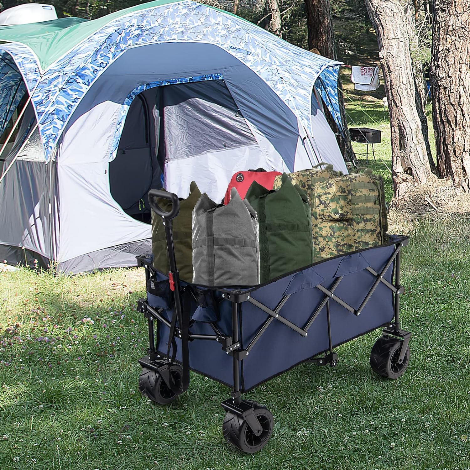 Goplus Collapsible Wagon Cart, Foldable Heavy Duty Utility Wagon with Adjustable Handle, Wide All Terrain Wheels, Cup Holder, Portable Garden Cart Beach Cart for Camping, Picnic (Blue)