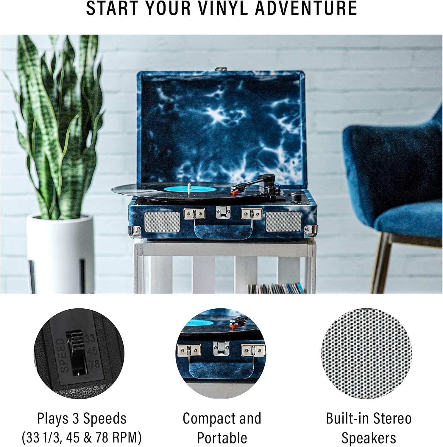 Crosley CR8005F-IN Cruiser Plus Vintage 3-Speed Bluetooth in/Out Suitcase Vinyl Record Player Turntable, Indigo