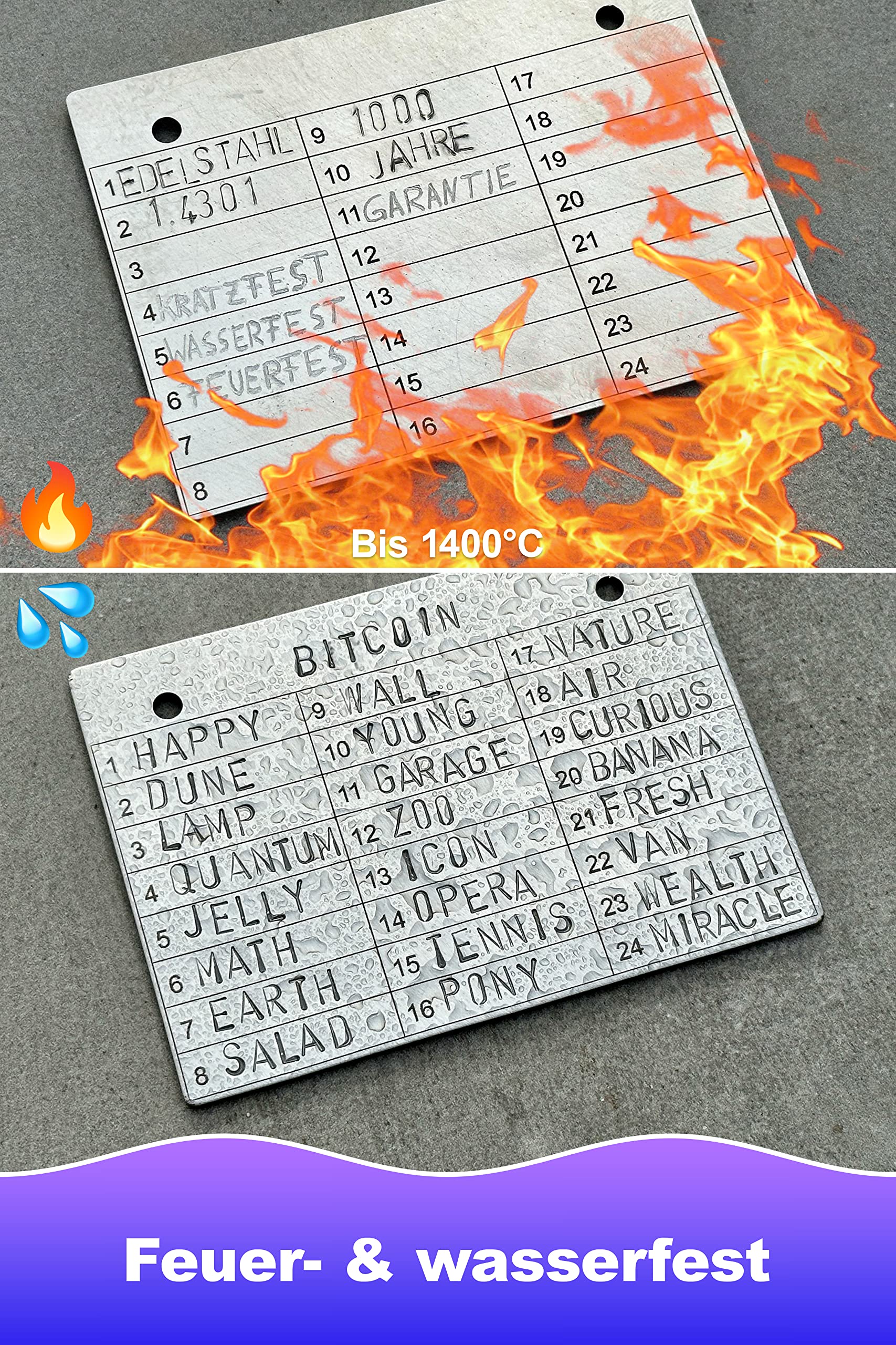 2in1 Steel Wallet aus hochwertigem Edelstahl (gelocht zum Abheften) für Krypto Seeds | BIP39 Steelwallet Crypto Cold Storage Bitcoin & Ethereum - beidseitig lasergraviert