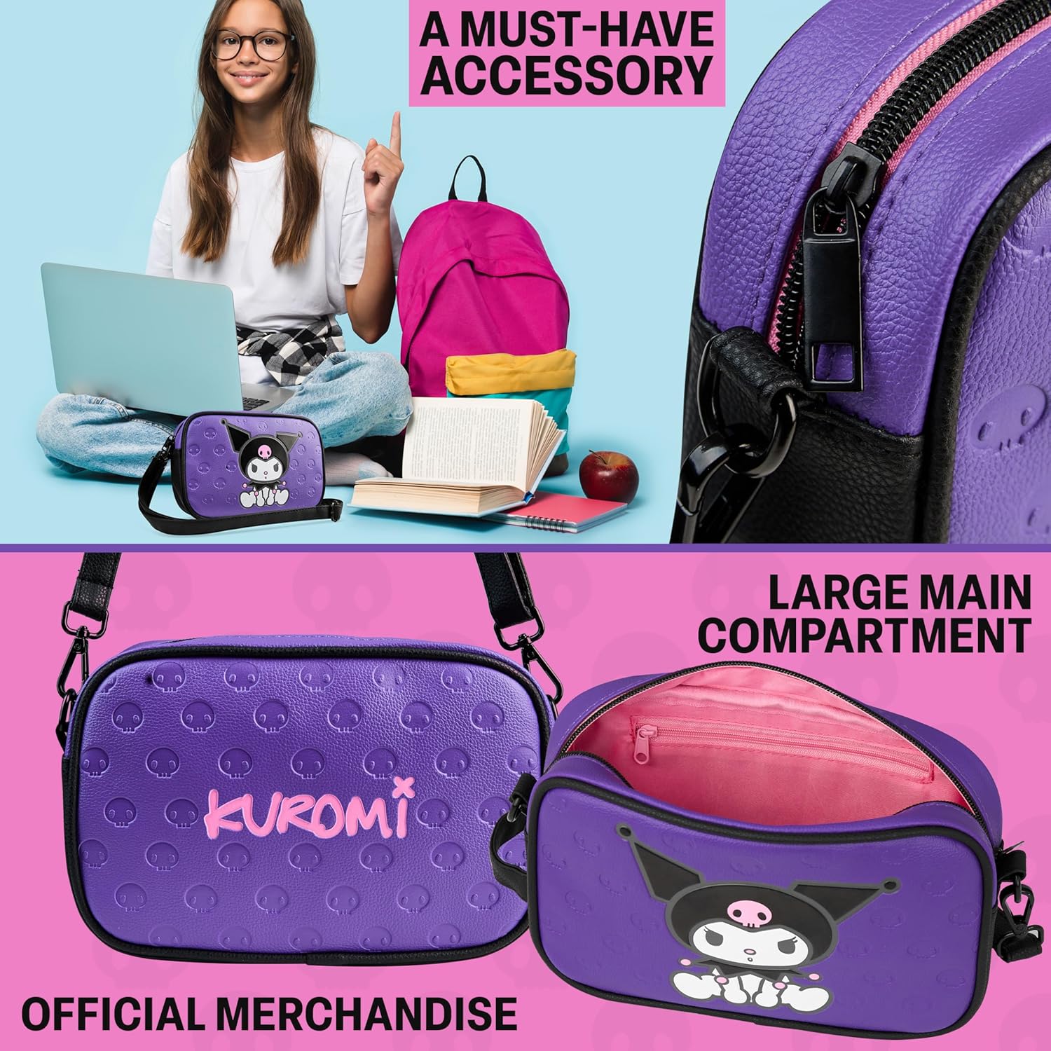 Hello Kitty Sanrio Kuromi Crossbody Bags Girls, Teens, Anime Purse, Kawaii Shoulder Bag, Gifts for Girls (Purple Kuromi) - Image 5