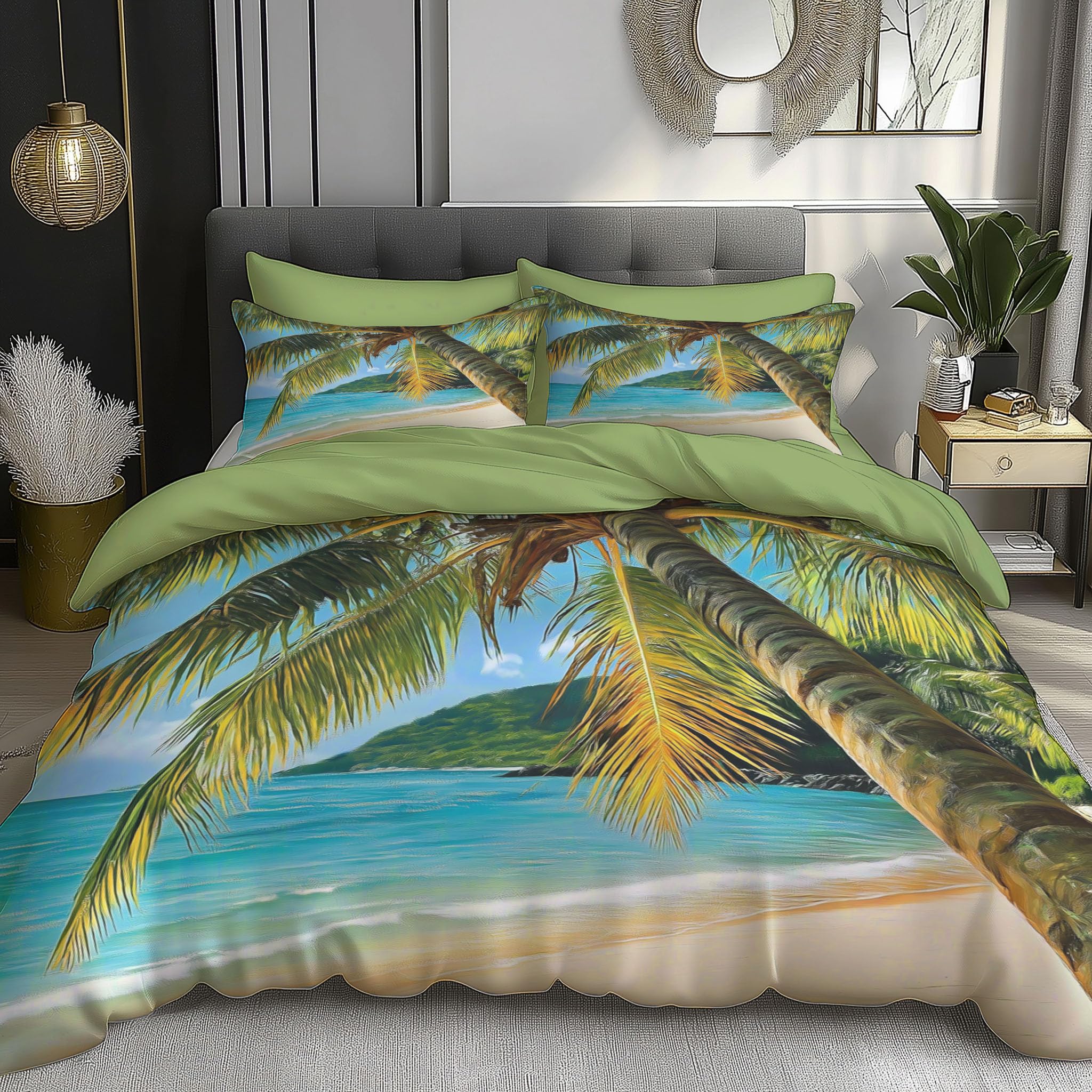 Housse de couette 220x240 palmier 3D avec 2 taies 65x65 l'île en microfibre