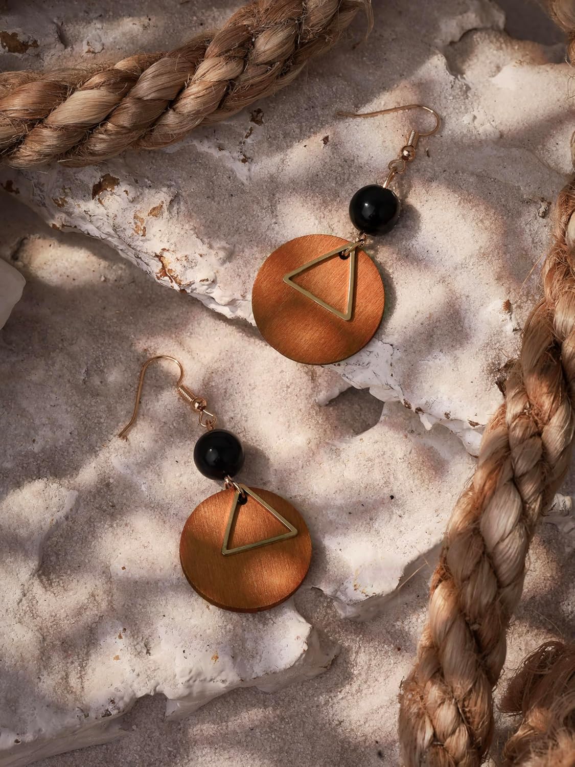 MINACHI Vintage Bohemian Wooden Disc Geometric Triangle Black Bead Dangle Drop Earrings, Boho Summer Jewelry Gift for Women - Image 3