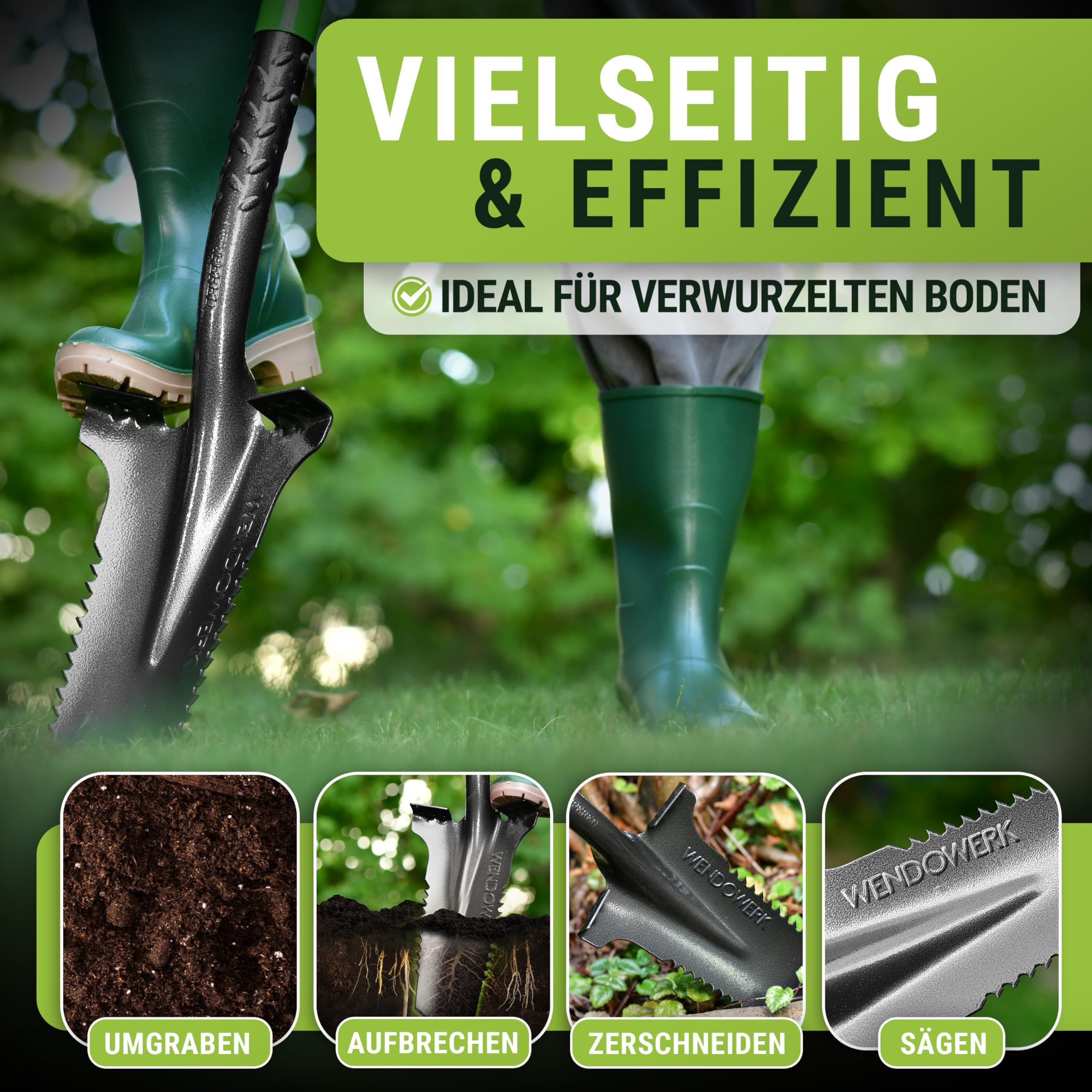 WENDOWERK®️ Spaten mit Wurzelsäge - Wurzelspaten mit extra breiter Trittfläche für harte Böden & ergonomischen Griff - Spaten mit Wurzelsäge für einfaches Graben im Garten - Stabiler Gartenspaten