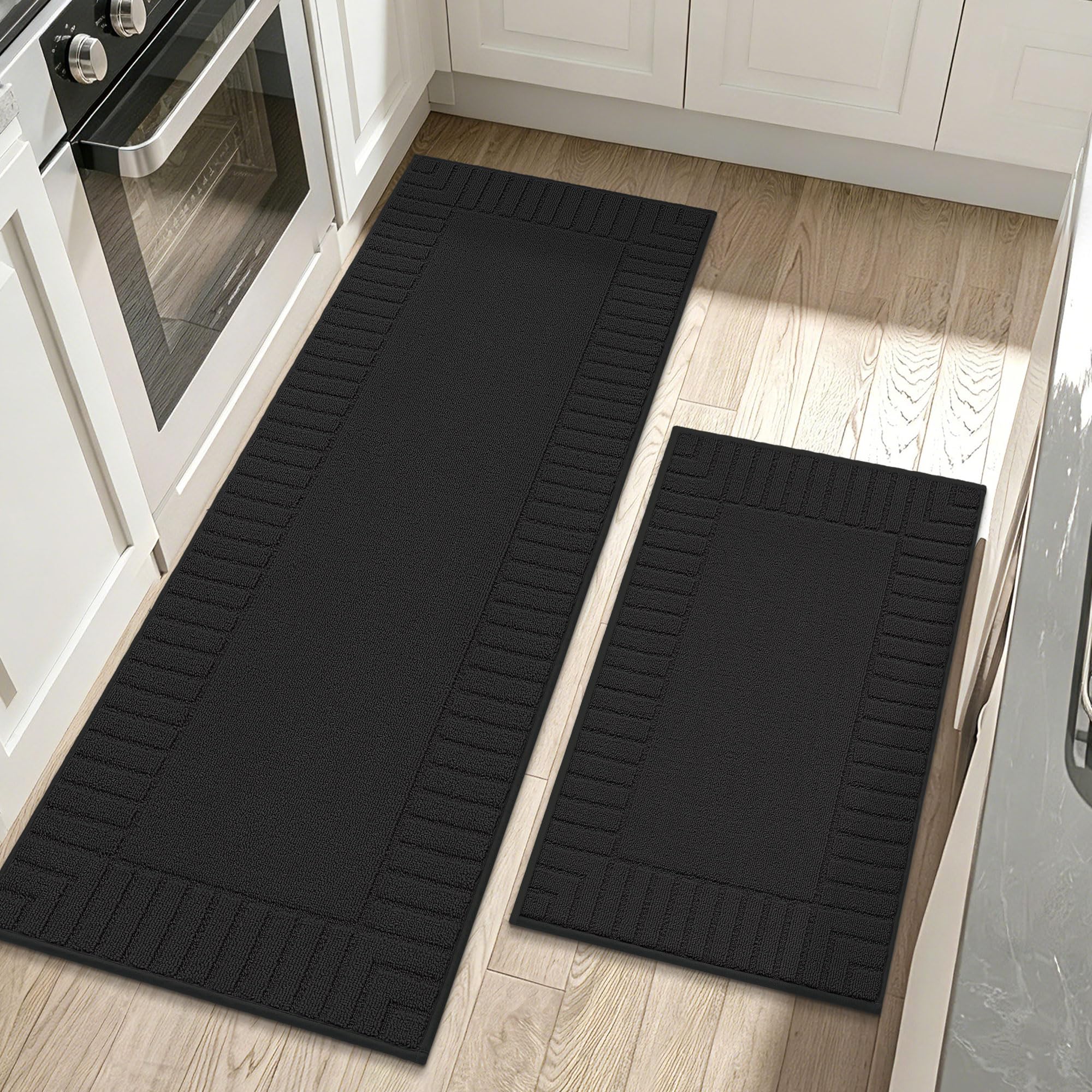 BEQHAUSE Kitchen Rugs Washable Kitchen Mats Floor Non-Slip Kitchen Mats Absorbent Kitchen Runner with TPR Non Skid Backing,Set of 2(60X89cm+60X152cm,Black)