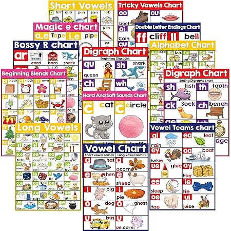 Amazon Com 13 張英語拼音海報語言藝術圖適合幼兒學習元音海報適用於幼兒園 學齡前 小學 小學字母公告板套組教室牆壁裝飾 16 X 11
