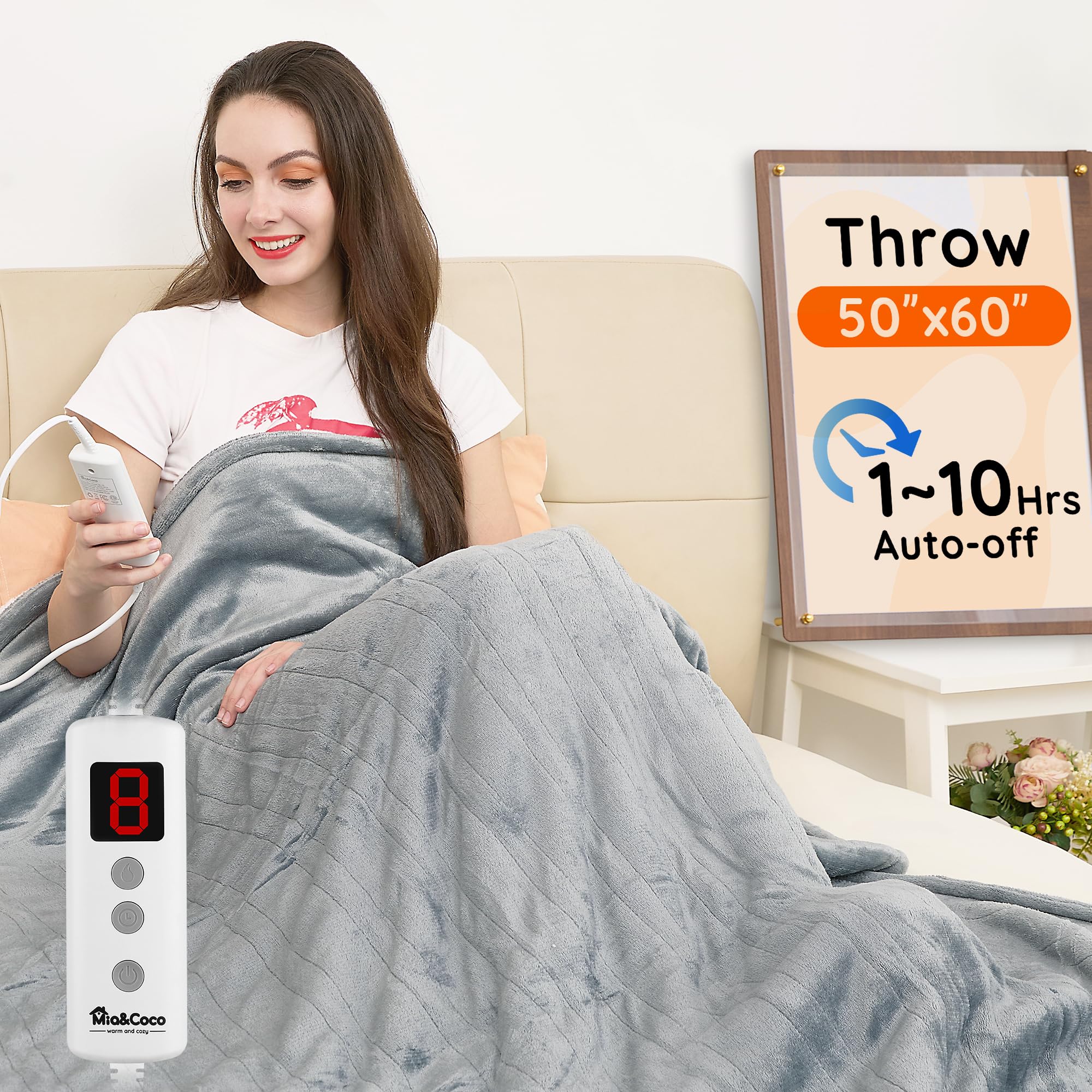 Mia&Coco Heated Throw Blanket - 50"x60" Flannel Electric Blanket, 6 Heat Levels, 10-Hour Auto-Off, Fast Heating, Overheat Protection, Machine Washable, Soft Heated Blanket for Home and Office (Gray)