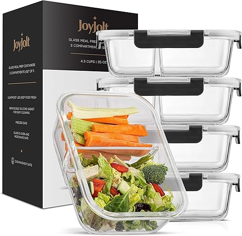 Miniatura 7 de JoyJolt Contenedores divididos para almacenamiento de alimentos con tapas herméticas. Paquete de 5 recipientes de vidrio para preparación de