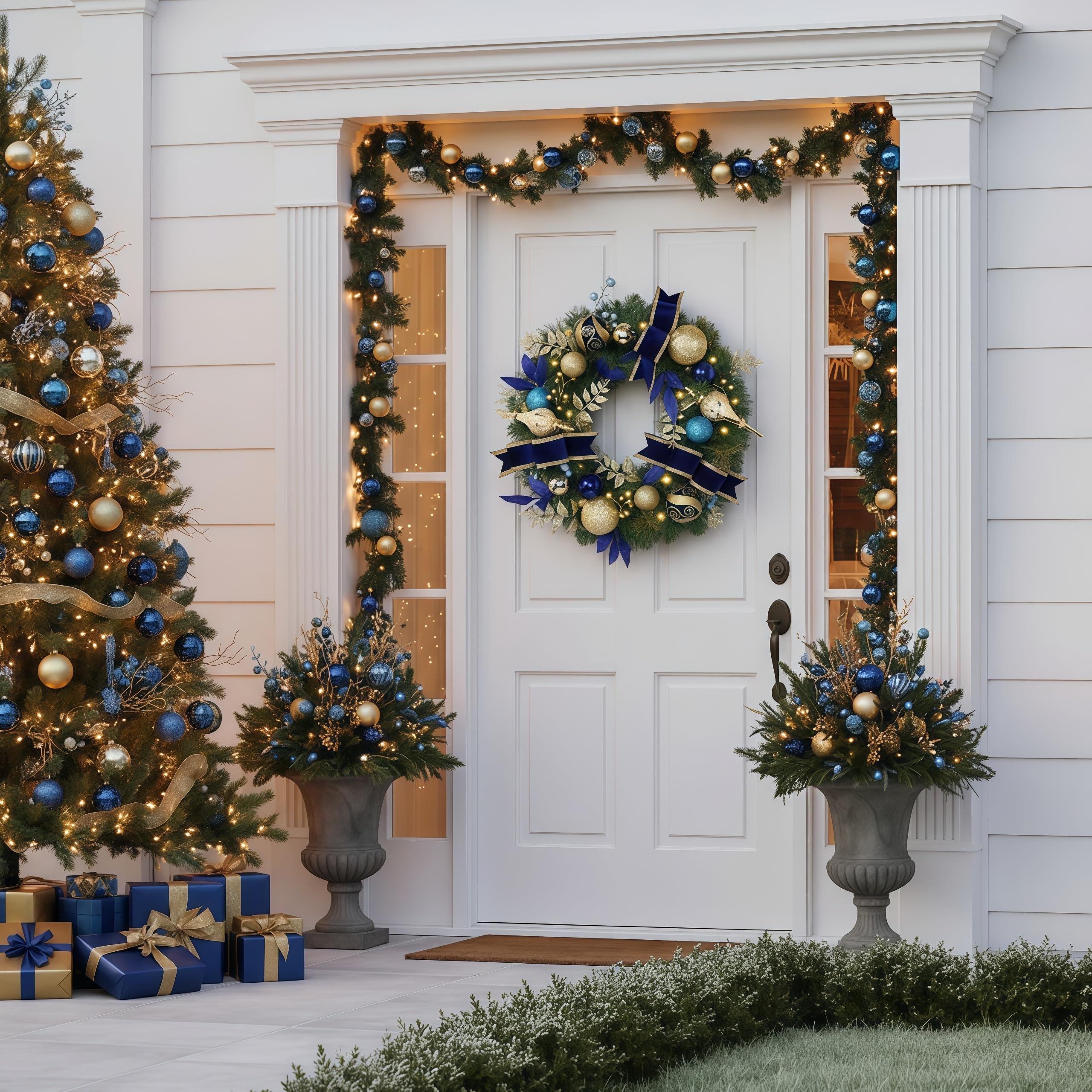 Valery Madelyn Couronne de Noël pré-éclairée pour porte d'entrée, grande couronne de Noël de 61 cm avec boules de Noël bleues pour cheminée, fenêtre, table d'extérieur, centre de table, décoration de