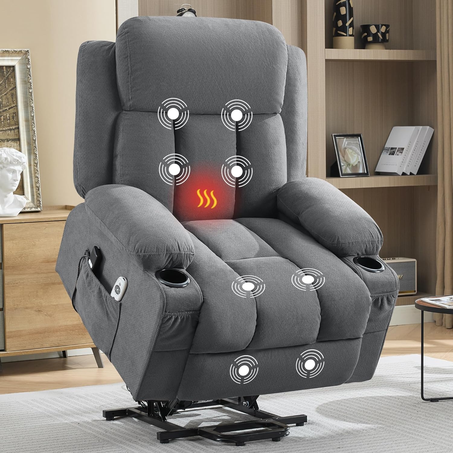 Power Lift Recliner Chair with Heat and Massage, Electric Recliner Sofa with Side Pocket & USB Charge Port, Recliner Chairs for Adults, Easy Remote Control (Grey)