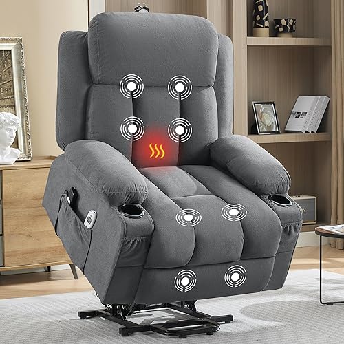 Power Lift Recliner Chair with Heat and Massage, Electric Recliner Sofa with Side Pocket & USB Charge Port, Recliner Chairs for Adults, Easy Remote Control (Grey)