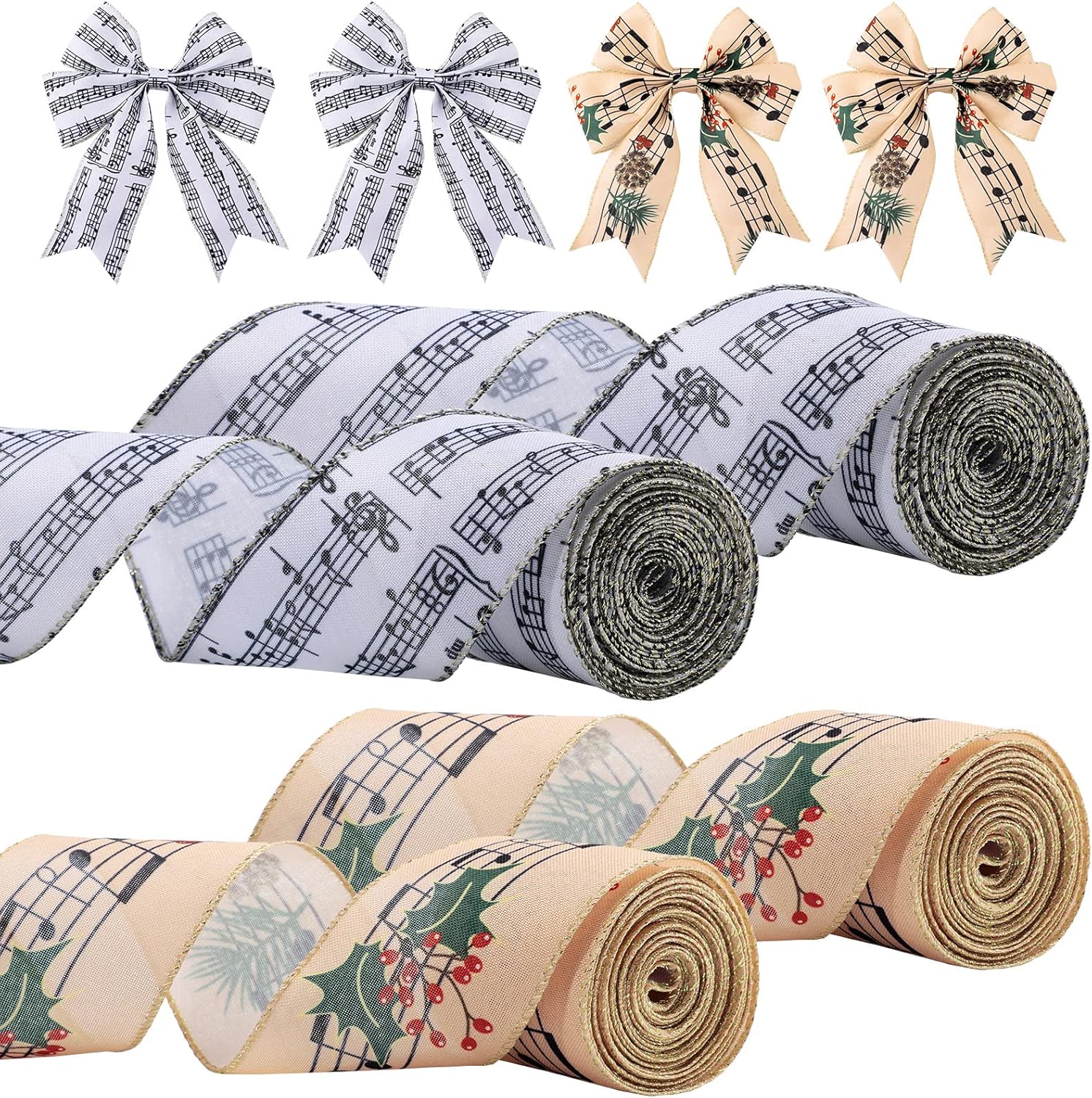 4 Rolls 20 Yard Music Note Wired Ribbon 2.5 Inch Christmas Wired Ribbon Musical Ribbons Christmas Tree Decor Craft Decor Music Gift for Wrapping Bows Wreaths DIY Craft Party Decoration