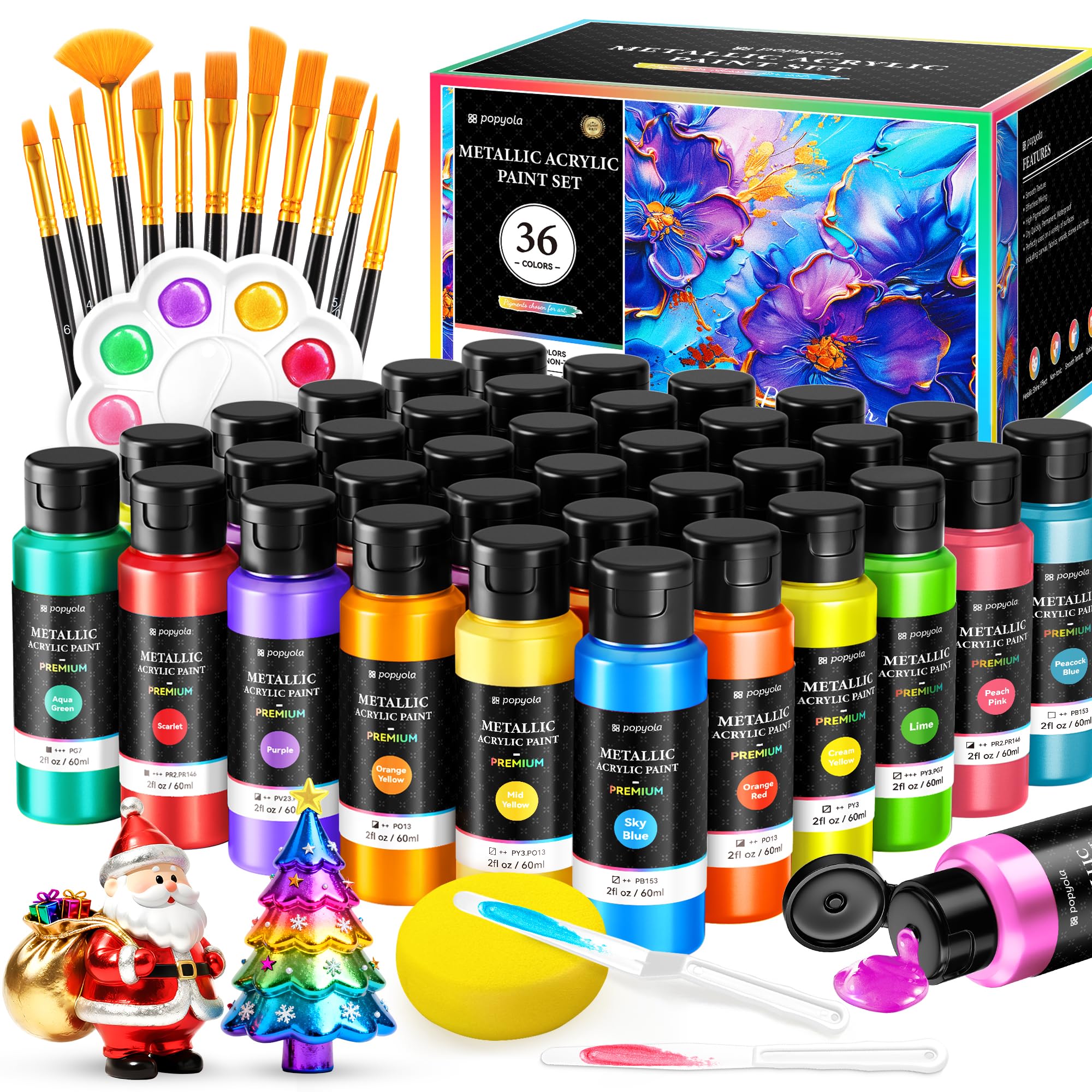 52 PCS Metallic Acrylic Paint Set with 12 Brushes, 2 Knives & Palette, 36 Colors (2oz/60ml) Art Craft Paint for Adults Kids Artists Beginners, Halloween Pumpkin Canvas Ceramic Rock Painting Kit