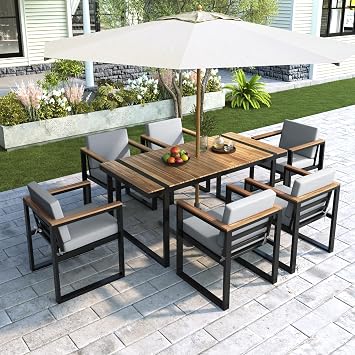 7-Piece Outdoor Patio Dining Set - Acacia Wood & Steel Table and Chair Set with Removable Cushions, All-Weather Patio Furniture for Backyard, Garden,Grey