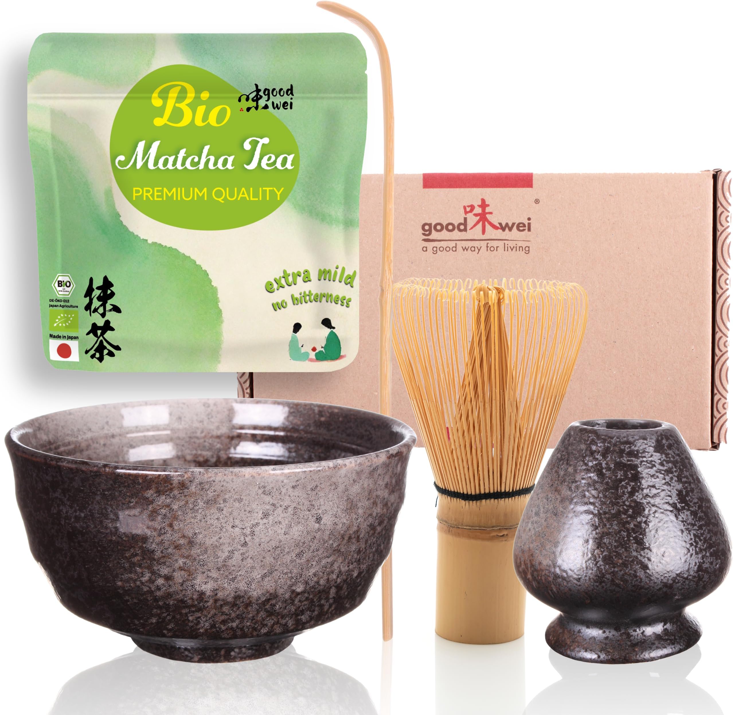 Goodwei Organic Matcha Tea Ceremony Set with Japanese Premium Matcha, Ceramic Matcha Bowl and Whisk Holder | Bamboo Whisk and Spoon | Gift Set Box (Goma)