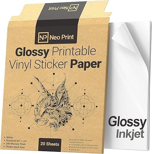Papel adhesivo de vinilo imprimible para impresora de inyección de tinta, papel de impresora de vinilo blanco brillante, 20 hojas autoadhesivas,