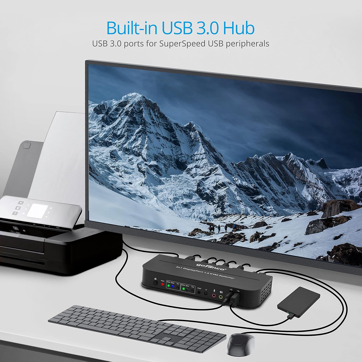 gofanco 2 Port 4K 60HZ DisplayPort KVM Switch with USB 3.0 – DisplayPort 1.4, 4K @60Hz 4:4:4, HDR, HDCP 2.2/1.4, USB Keyboard/Mouse, USB 3.0 Hub, MIC in, Stereo Out, IR Remote, Hotkeys (KVMDP-2P)