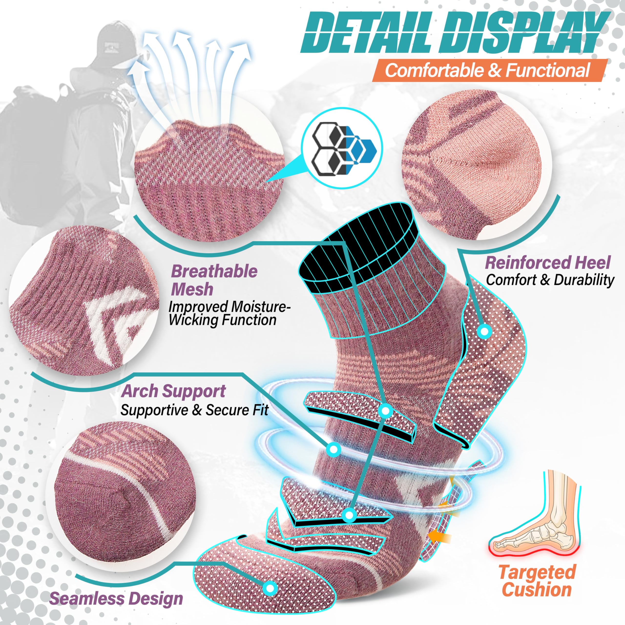 ANTSANG 6 Paires de Chaussettes de Cheville en Laine Mérinos pour Course Randonnée Marche Travail Thermique Chaudes Épaisses Rembourrées Chaussettes au Quart pour Femmes et Hommes