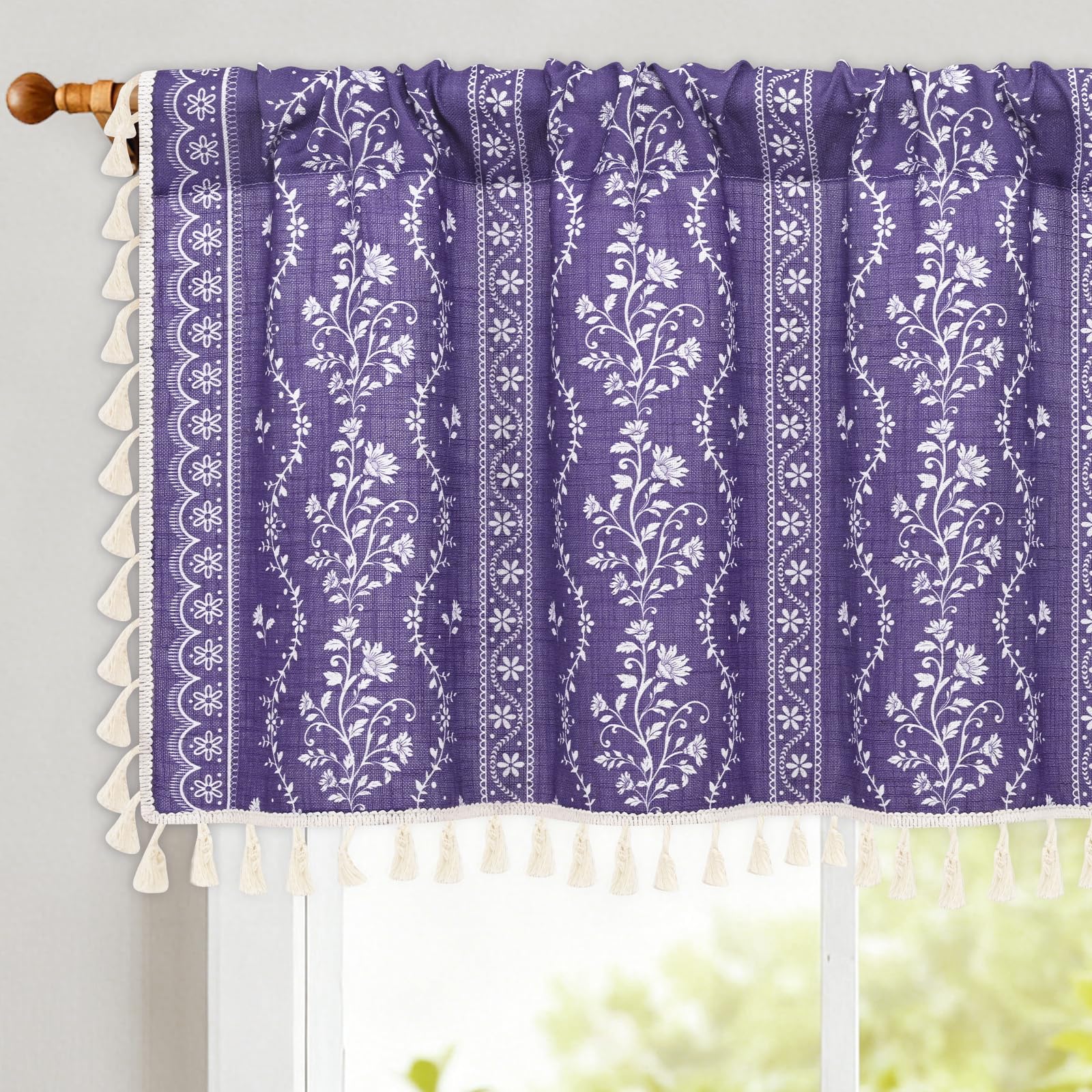 Yinhua Boho Valance Curtains Vintage Linen Kitchen Valances for Windows Light Filtering Bohemian Floral Valance Rod Pocket Tassel Window Valances for Bathroom Cafe, 52" W X 18" L, Purple