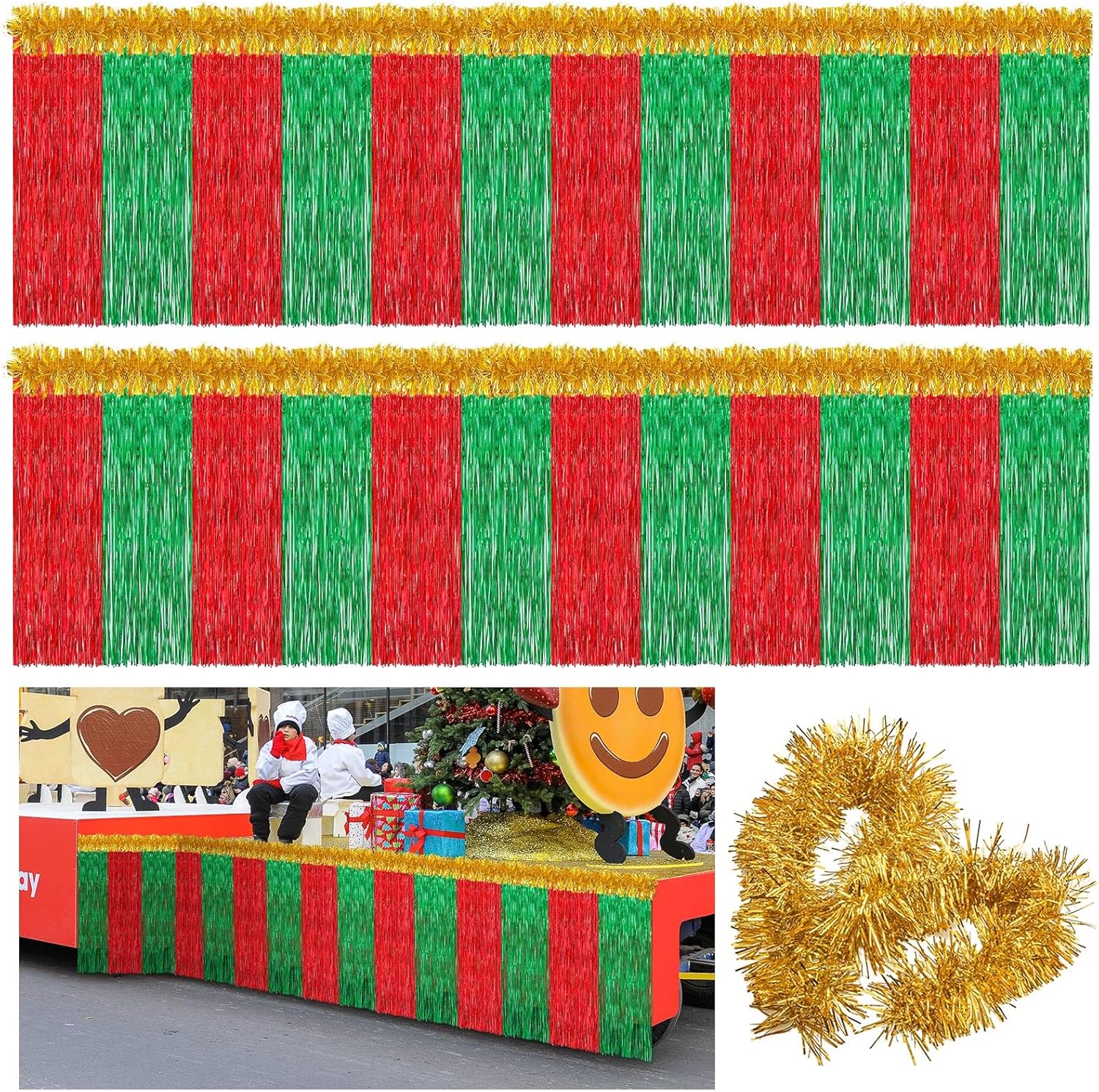 Crowye 10 Pcs Christmas Parade Float Decoration Kit Include 9.02 x 2.46 ft Foil Fringe Table Skirt 78.8 x 3.55 in Metallic Tinsel Garland for Trailer Car Xmas Float Supplies Decor (Red,Green,Gold)