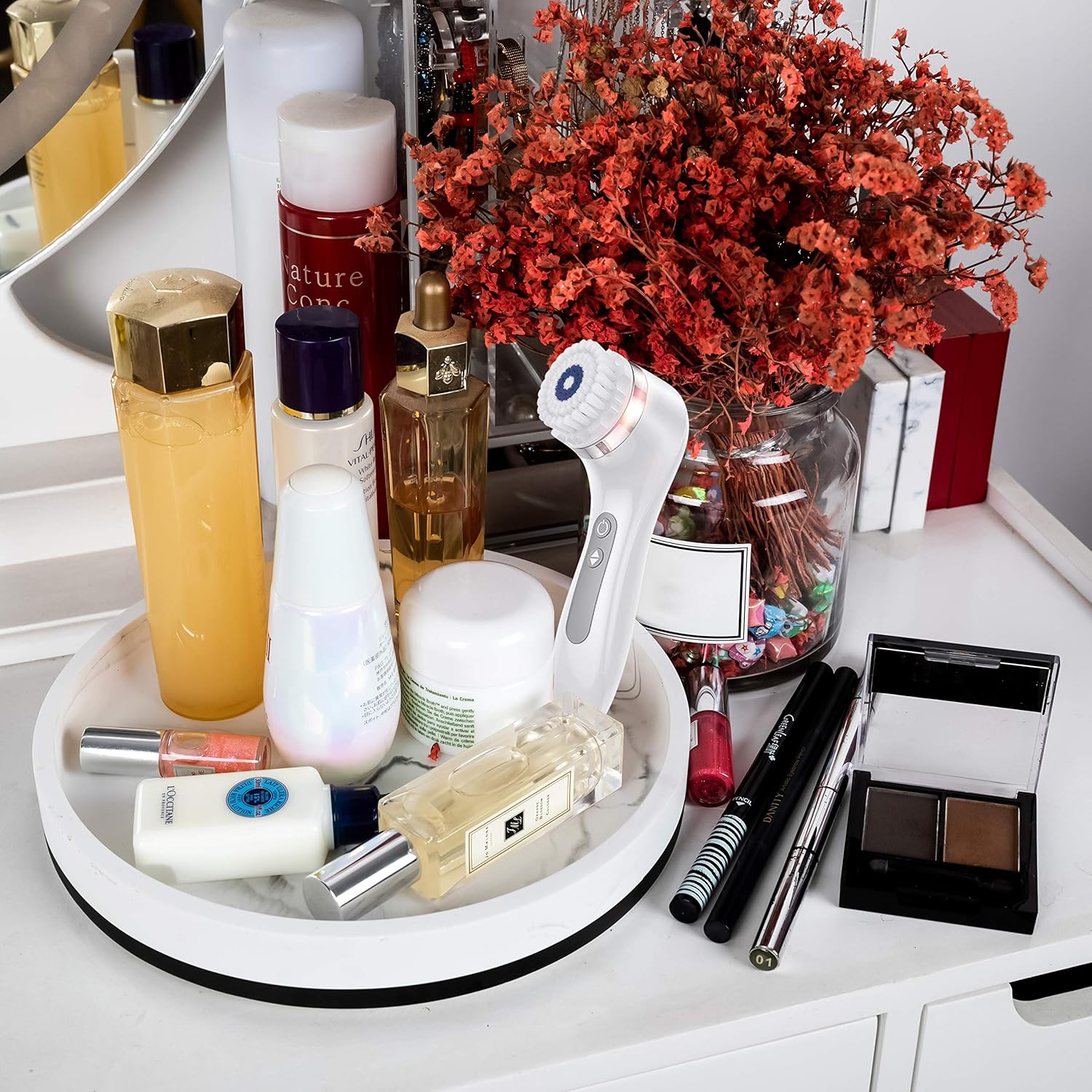 Bathroom Vanity Tray-Resin Round Handmade Bathtub Countertop Organizer for Living Room Candles Plant Jewelry Holder Bathroom Soap Shampoo Towel Tissue Box Toothbrush Holder