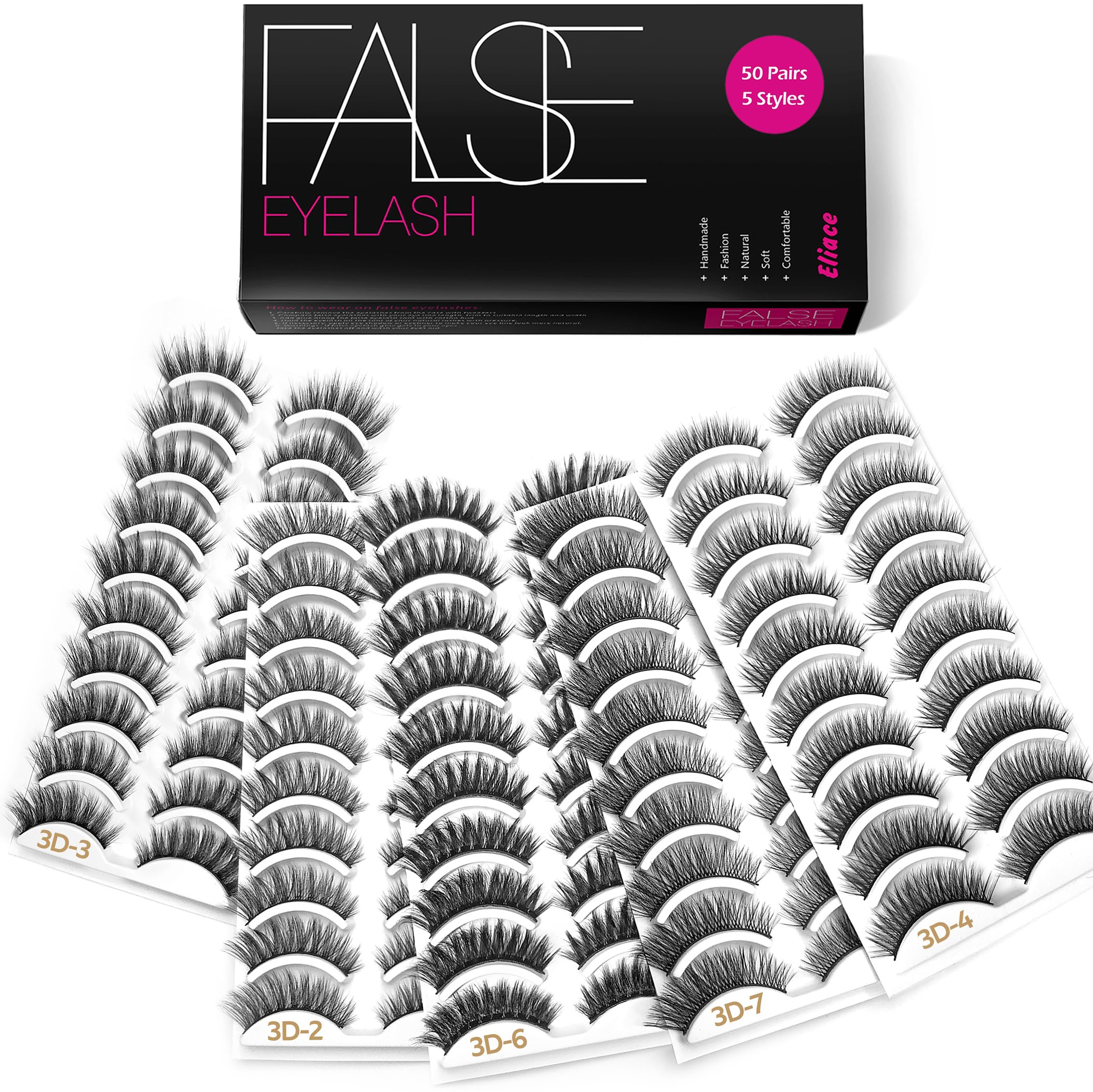 Eliace Eyelashes, (50 Pairs,5 Styles) Luxurious Faux Mink Lashes Natural Look Wispy Fluffy Handmade Cat Eye False Lash Pack, False Eyelashes Set, Fake Lashes Strips, Makeup Fake Eyelashes Pack