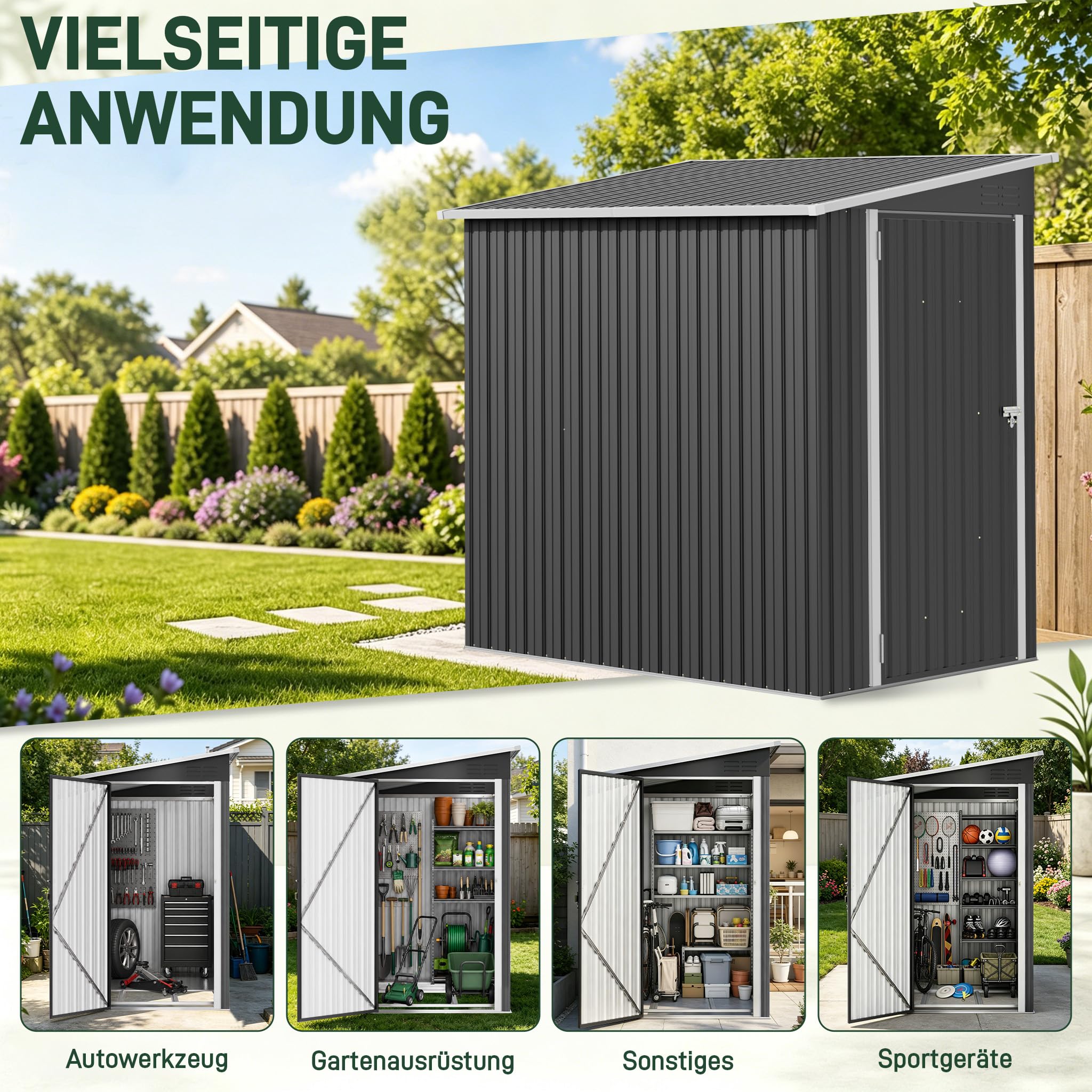 Metall Gerätehaus 180x117x162cm Geräteschuppen mit Pultdach abschließbarer Tür, Stark & Rostfrei wetterfestes Gartenhaus 4m³ Outdoor Garten Schuppen Schrank für Hinterhof Rasen Schwarz