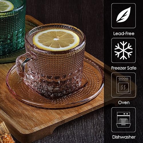 Miniatura 4 de Linkidea Taza de café de vidrio vintage con platillos de 6 onzas para café y té en relieve juego de cristalería para desayuno plato de postre para
