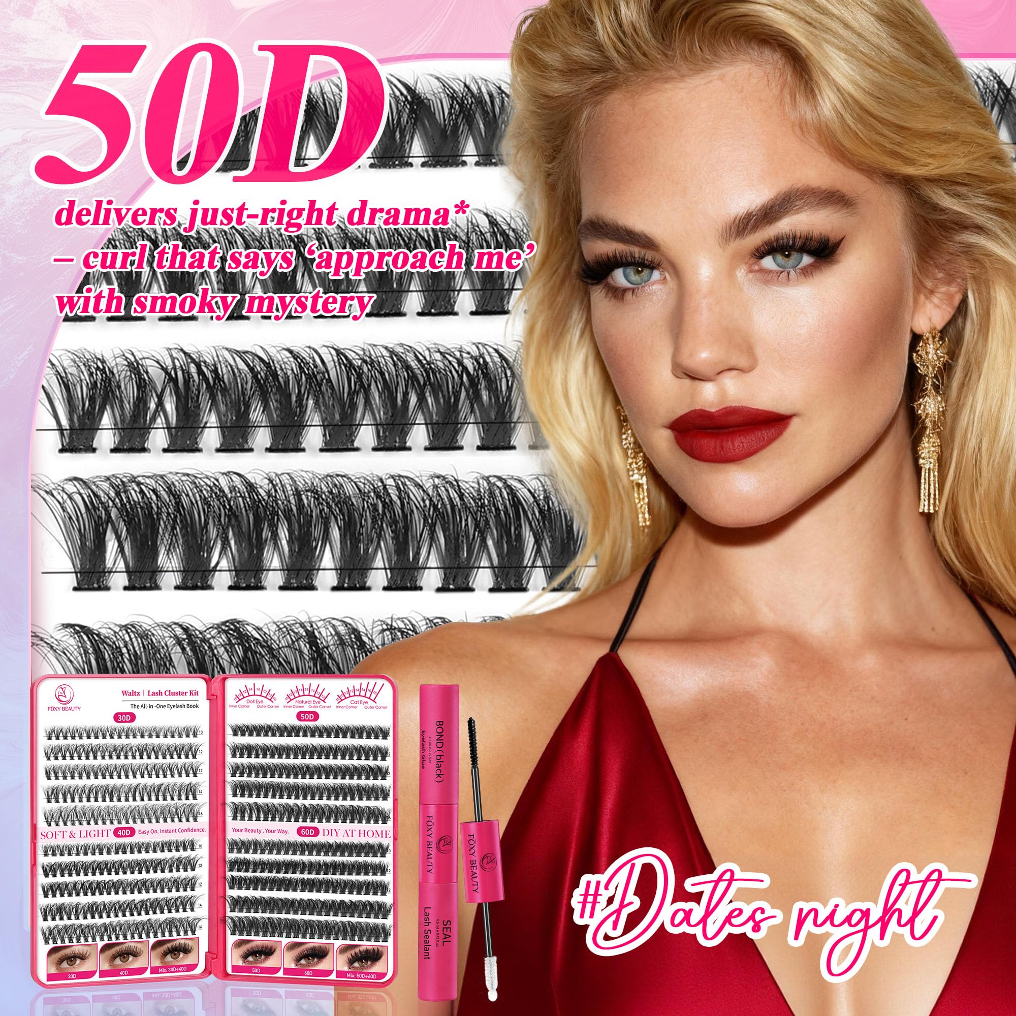 Foxy Beauty 640-częściowy zestaw do przedłużania rzęs D z klejem, uszczelniaczem, zmywaczem, aplikatorem i książką, DIY w domu