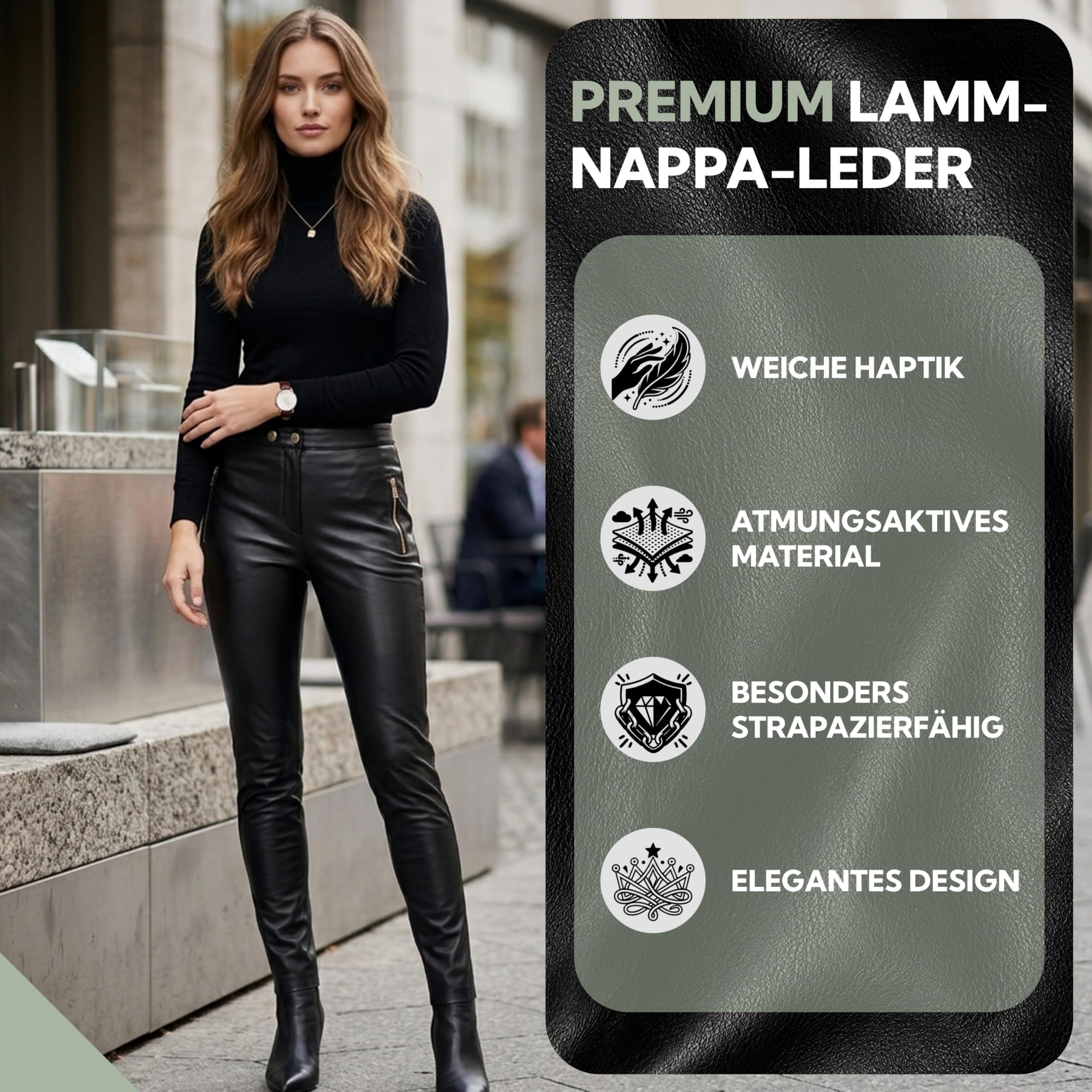 German Wear Lederleggings Damen Echtlederhose aus Lammnappa Stretch Passform Elastischer Bund Besonders Weich Frontreißverschluss Taschendesign