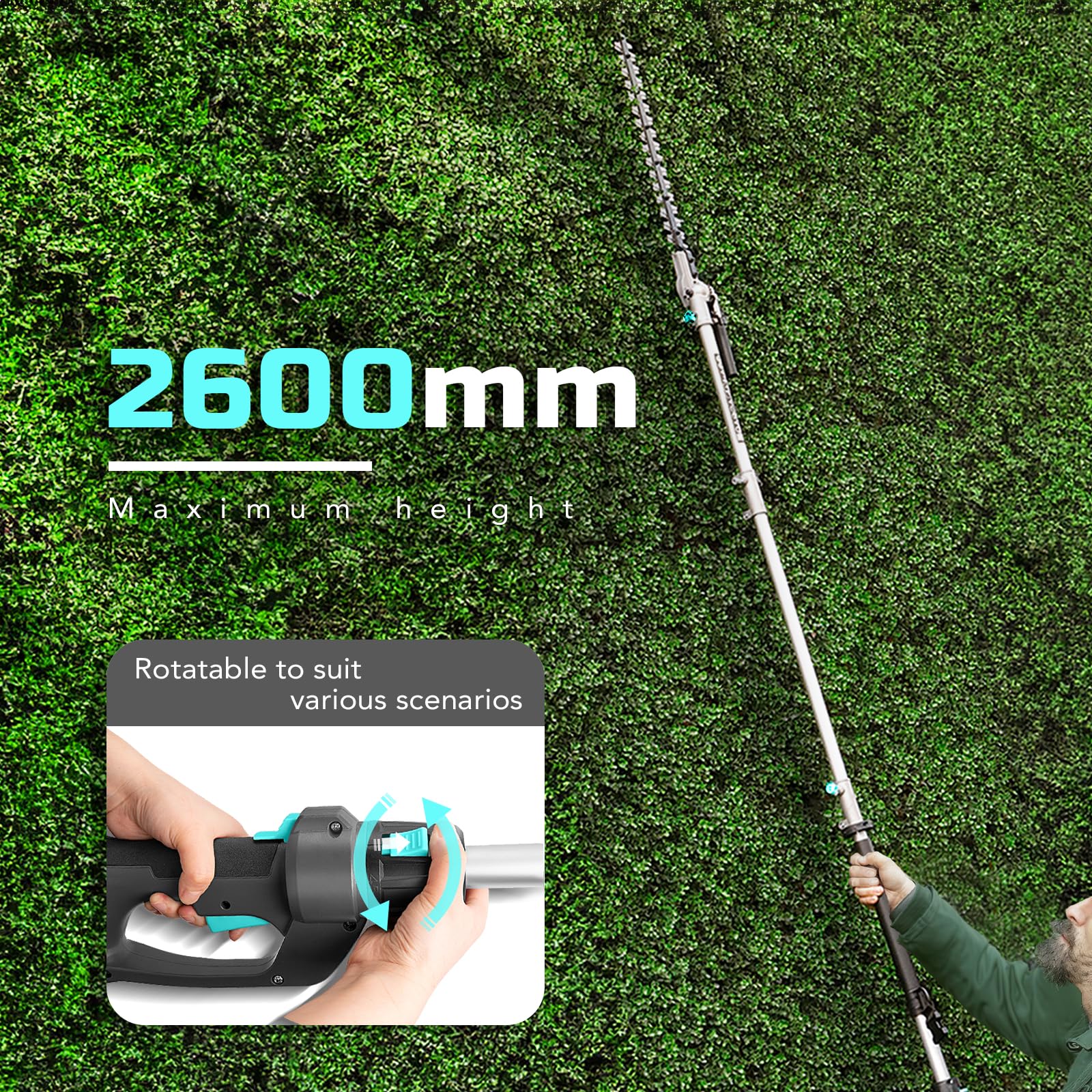 Bluemars Cortasetos de poste resistente de 1100 W, cortador telescópico extensible de 2,6 m de largo alcance para setos, arbustos, ramas, arbustos, cable de 10 m, cabezal ajustable, cuchillas de doble
