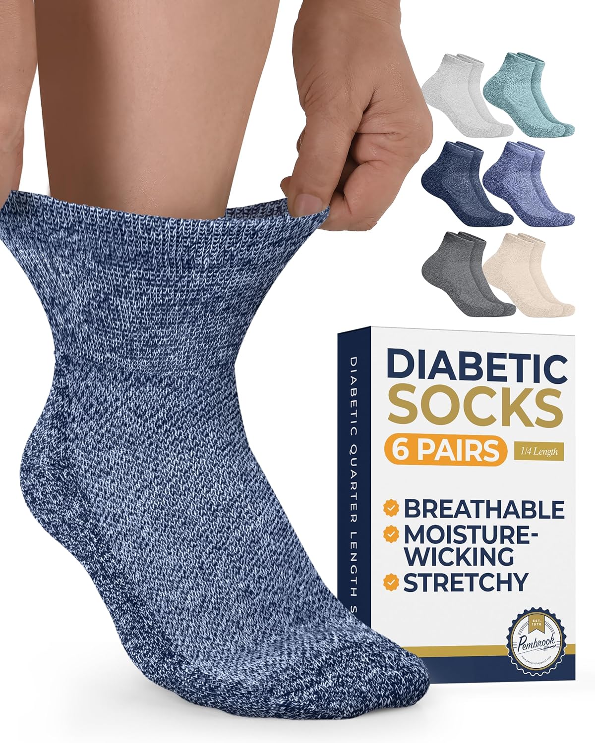 Pembrook Ankle Diabetic Socks for Women & Men | 6 Pairs | Wide Non Binding Socks Quarter Length | Edema Neuropathy Socks