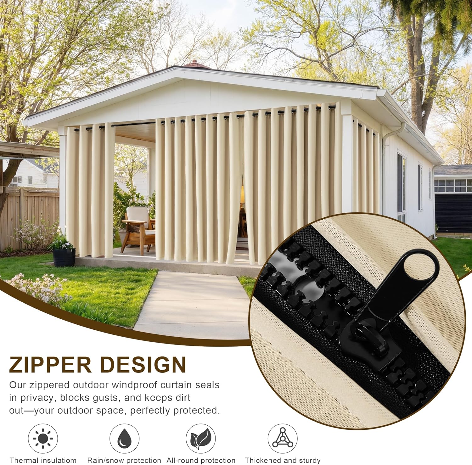 RYB HOME Fade-Resistant Outdoor Curtains for Patio Waterproof with Zipper Back Tab Bottom, Windproof Sun Blocking Privacy for Gazebo Porch Pergola, Biscotti Beige, W 52 x L 84, 2 Panels
