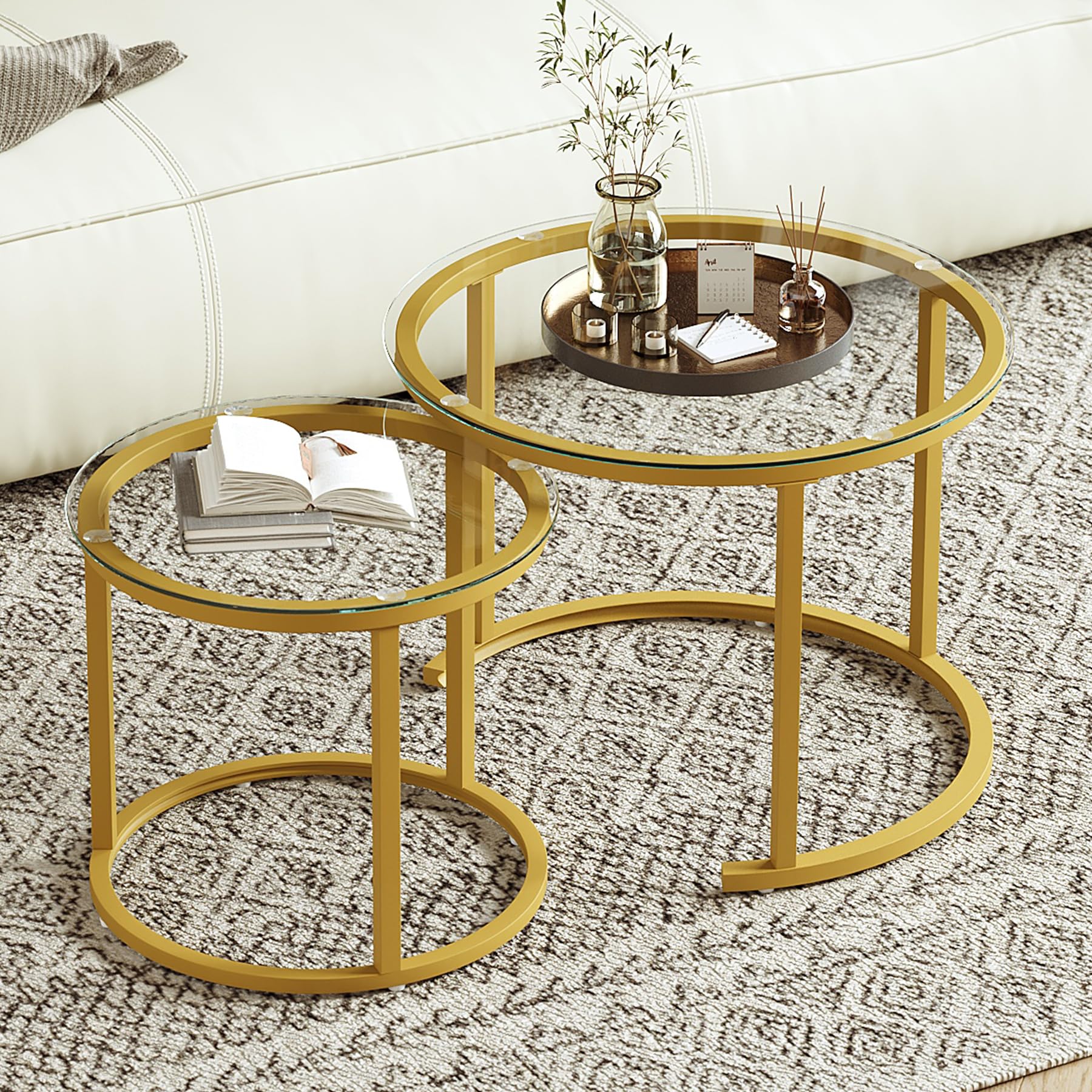 Hawthyhome Round Nesting Glass Coffee Table Set of 2, Side Table for Living Room, Multi-functional Sofa Table with Yellow Metal Frame, Clear Glass