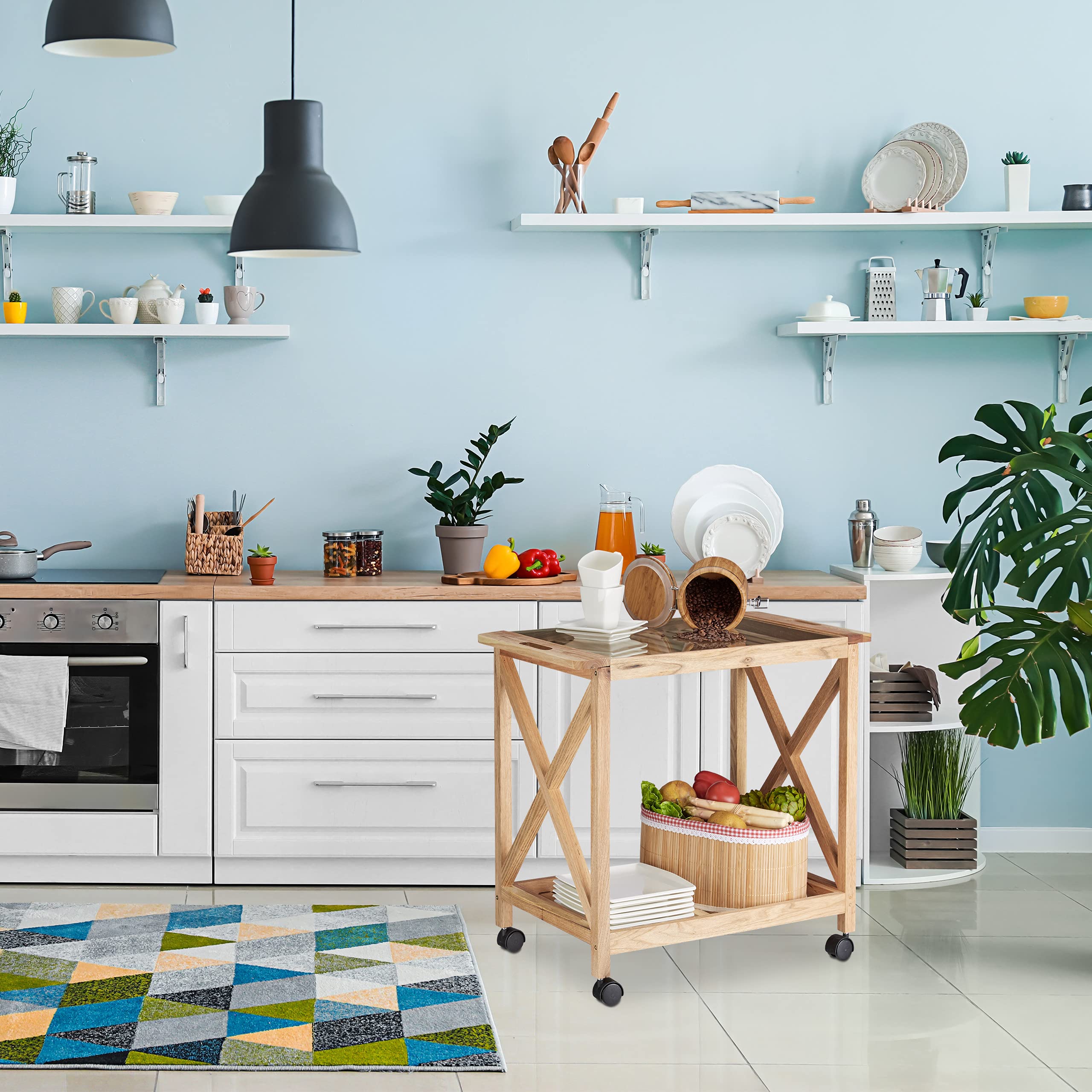 Relaxdays Carrello Portavivande Cucina, Legno di Noce Carrellino con Ruote Piano in Vetro, 63x66,5x38 cm, Marrone Chiaro