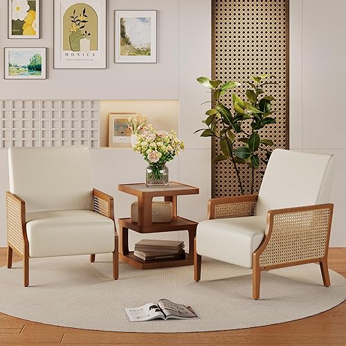 Aklaus Juego de 2 sillas decorativas de mediados de siglo con reposabrazos de ratán, sillas tapizadas para sala de estar, sillas de lectura de tela,