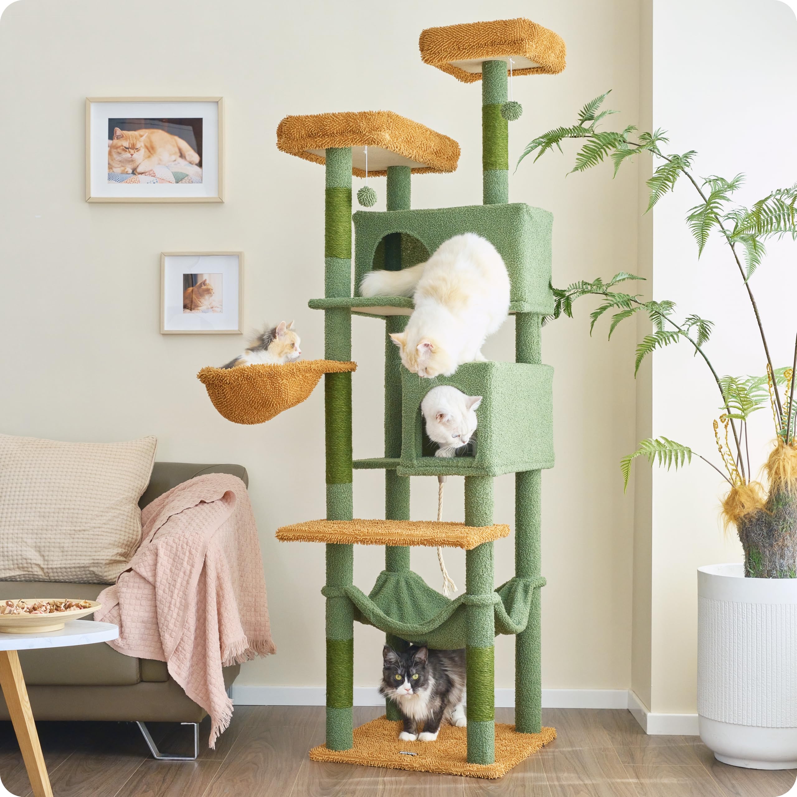 Ouritsu Cat Tree, 73.6 inch Tall Cat Climbing Tower for Large Cat Indoor with 2 Large Condos, 2 Widened Perches, Sisal Covered Scratching Posts, 2 Hammocks, Cactus Green, XLF001GB