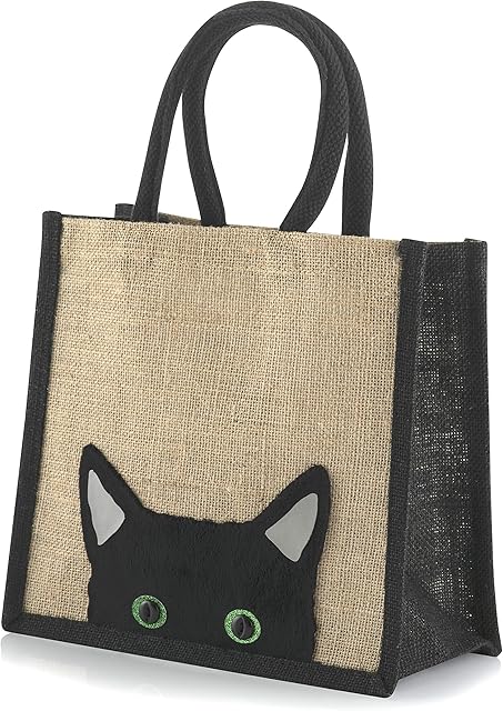 Yellowboots Jute Black Trim Lunch/Gift Bag - Peek a Boo Cat - 24 cm high x 26 cm Wide x 17 cm Depth