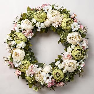 Peony Wreath 23'' Spring Wreaths for Front Door, Artificial Large Floral Wreath for Front Door Wall Decor, Valentine’s Day Home Wedding Housewarming Gift EZsenses (Green)