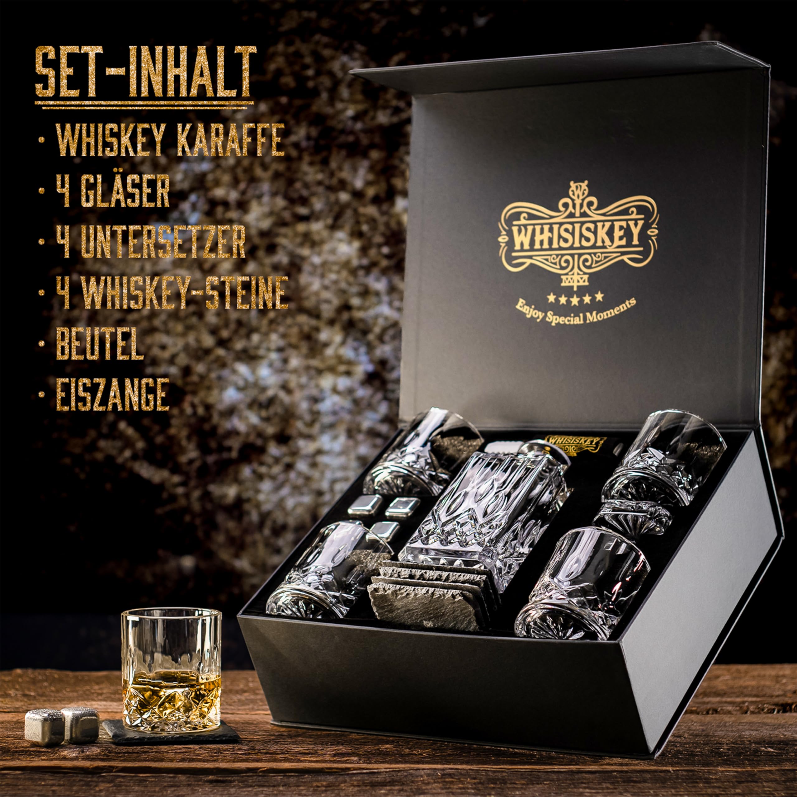 WHISISKEY Whiskey Karaffe Set - Whiskey Geschenkset - Geschenke für Männer - Männergeschenke Geschenk - Geburtstagsgeschenk Mann - Klassische Dekanter 700ML, 4 Whisky Gläser, 4 Whisky Steine